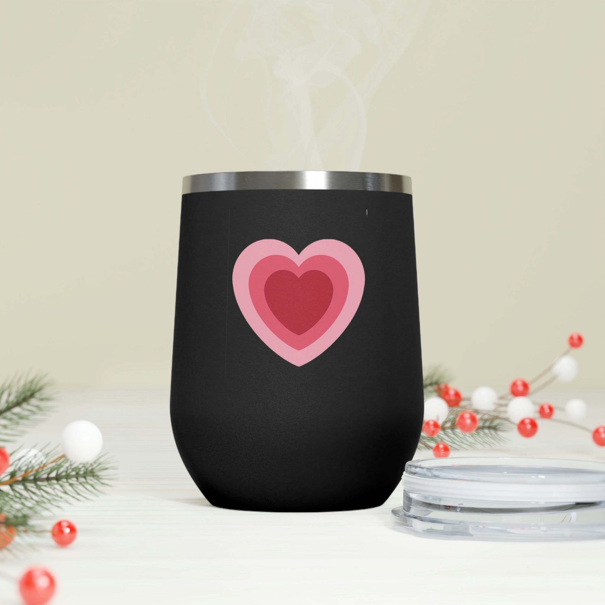 Hearts Wine Tumbler in stainless steel with a clear plastic lid, showcasing a stylish design perfect for hot and cold beverages.