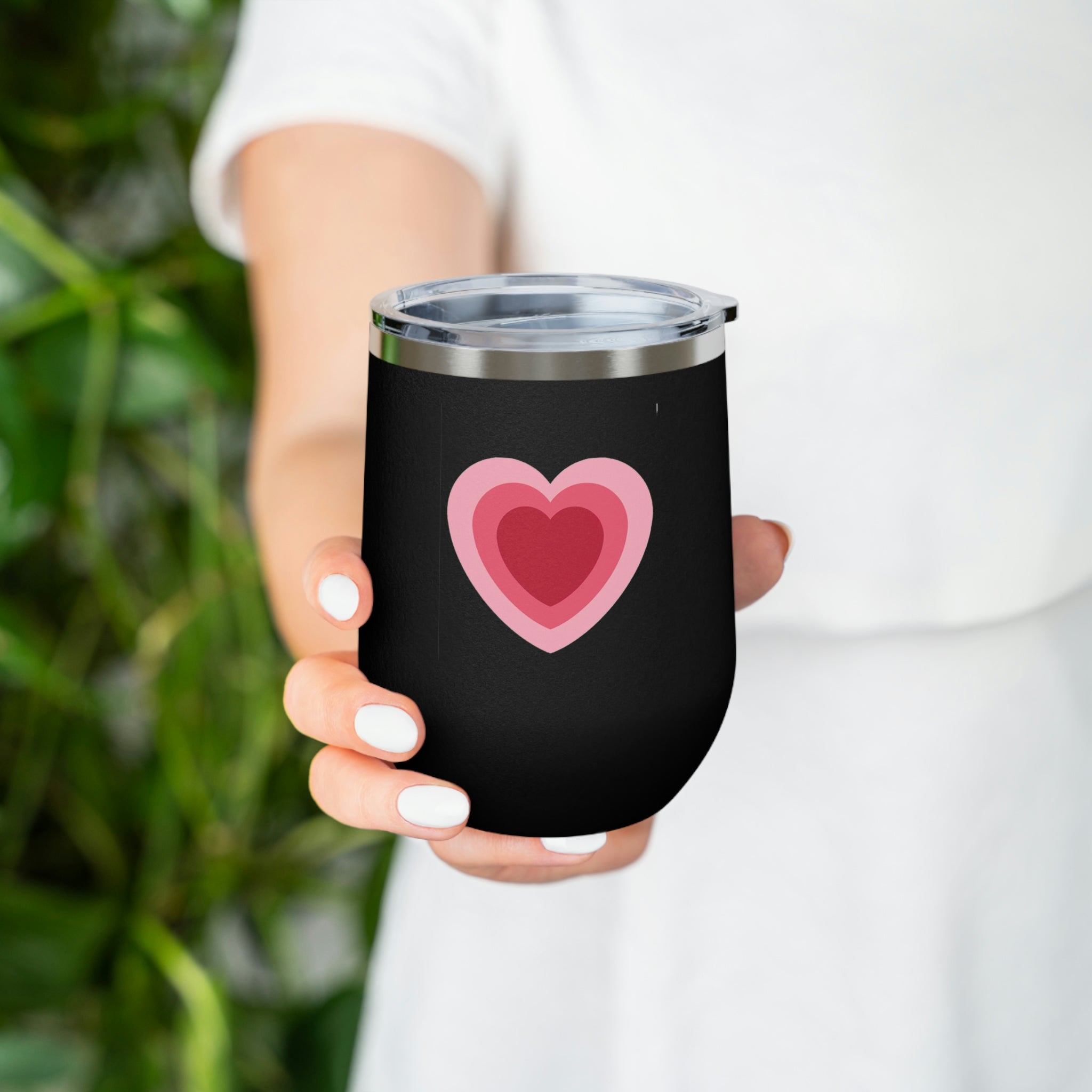 Hearts Wine Tumbler in stainless steel with a clear plastic lid, showcasing a stylish design perfect for hot and cold beverages.