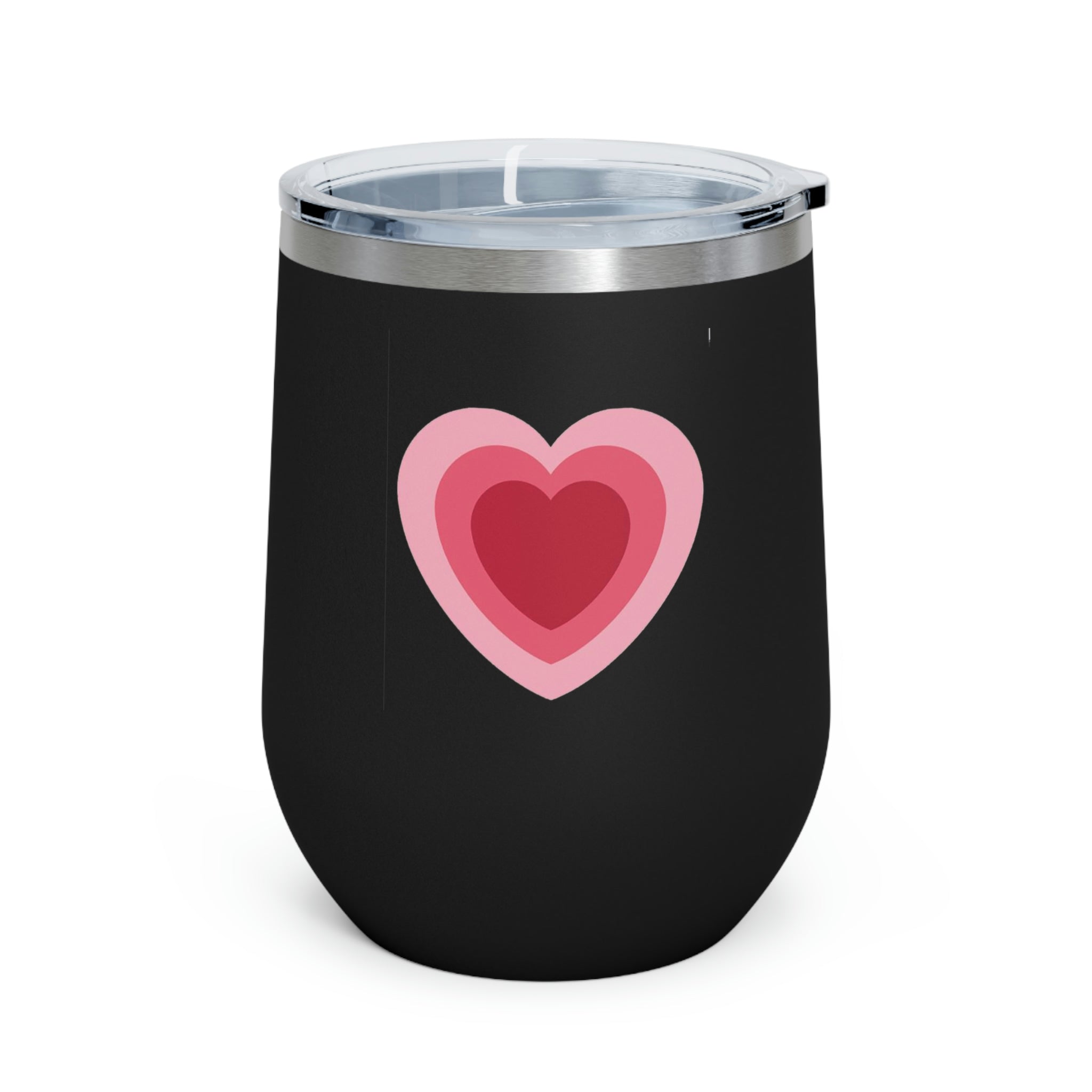 Hearts Wine Tumbler in stainless steel with a clear plastic lid, showcasing a stylish design perfect for hot and cold beverages.