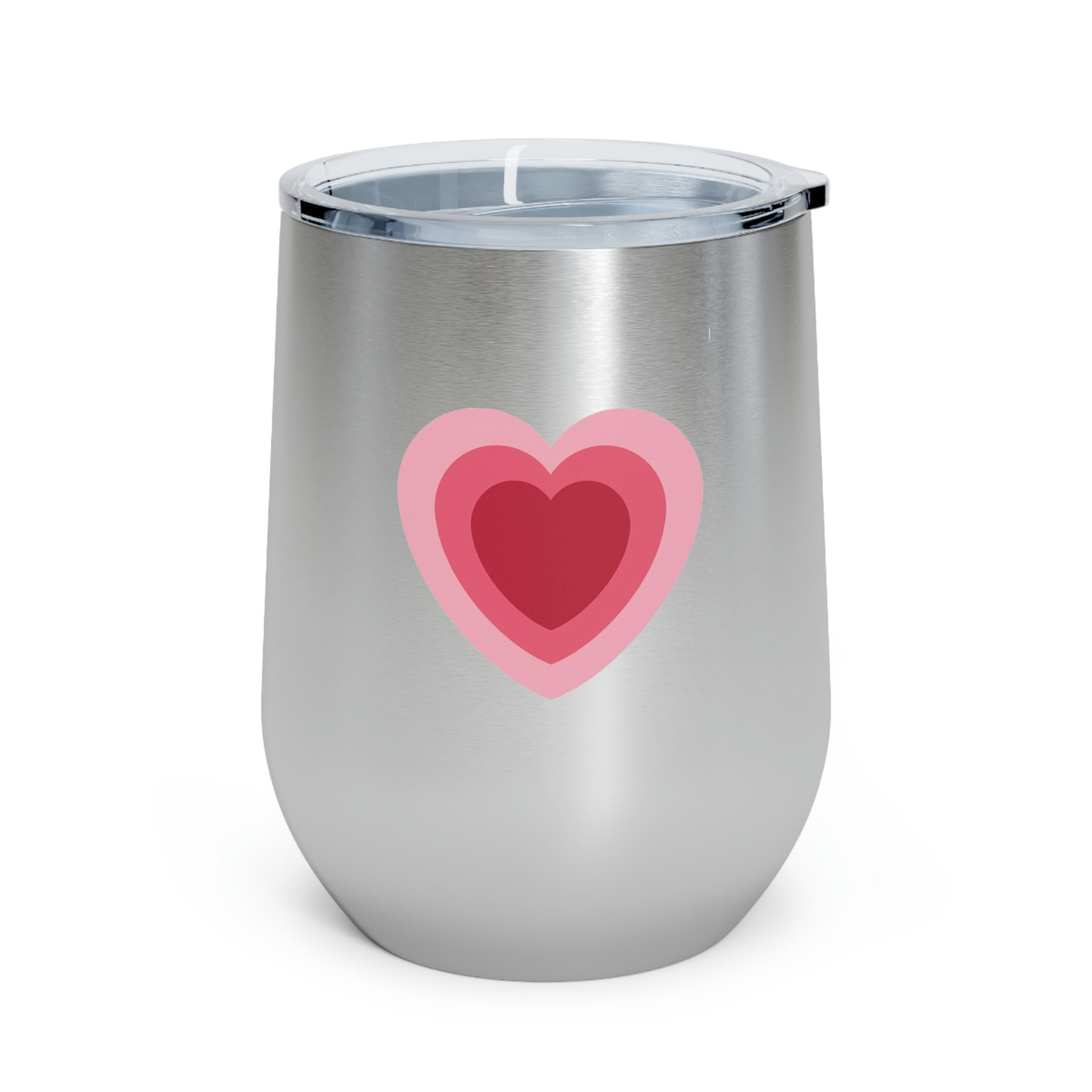 Hearts Wine Tumbler in stainless steel with a clear plastic lid, showcasing a stylish design perfect for hot and cold beverages.