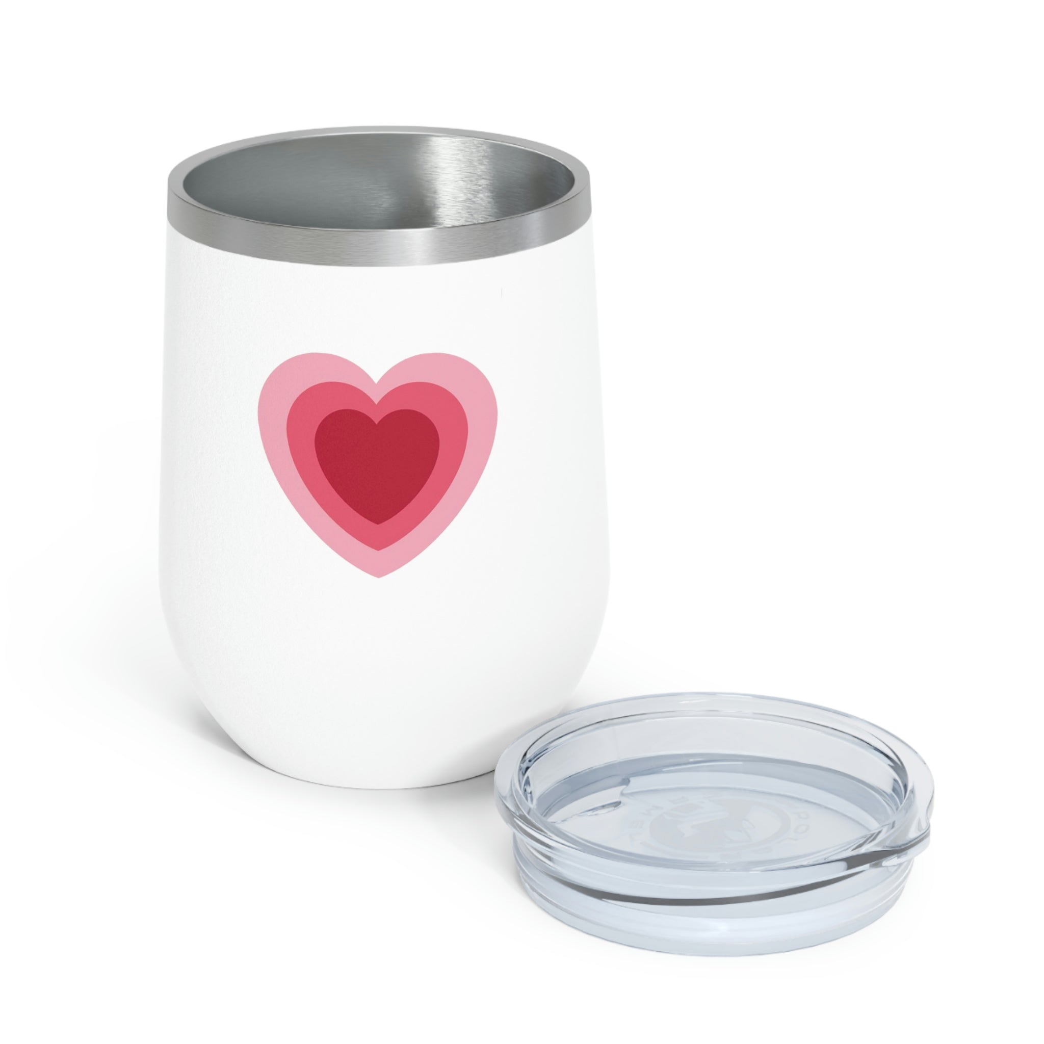 Hearts Wine Tumbler in stainless steel with a clear plastic lid, showcasing a stylish design perfect for hot and cold beverages.