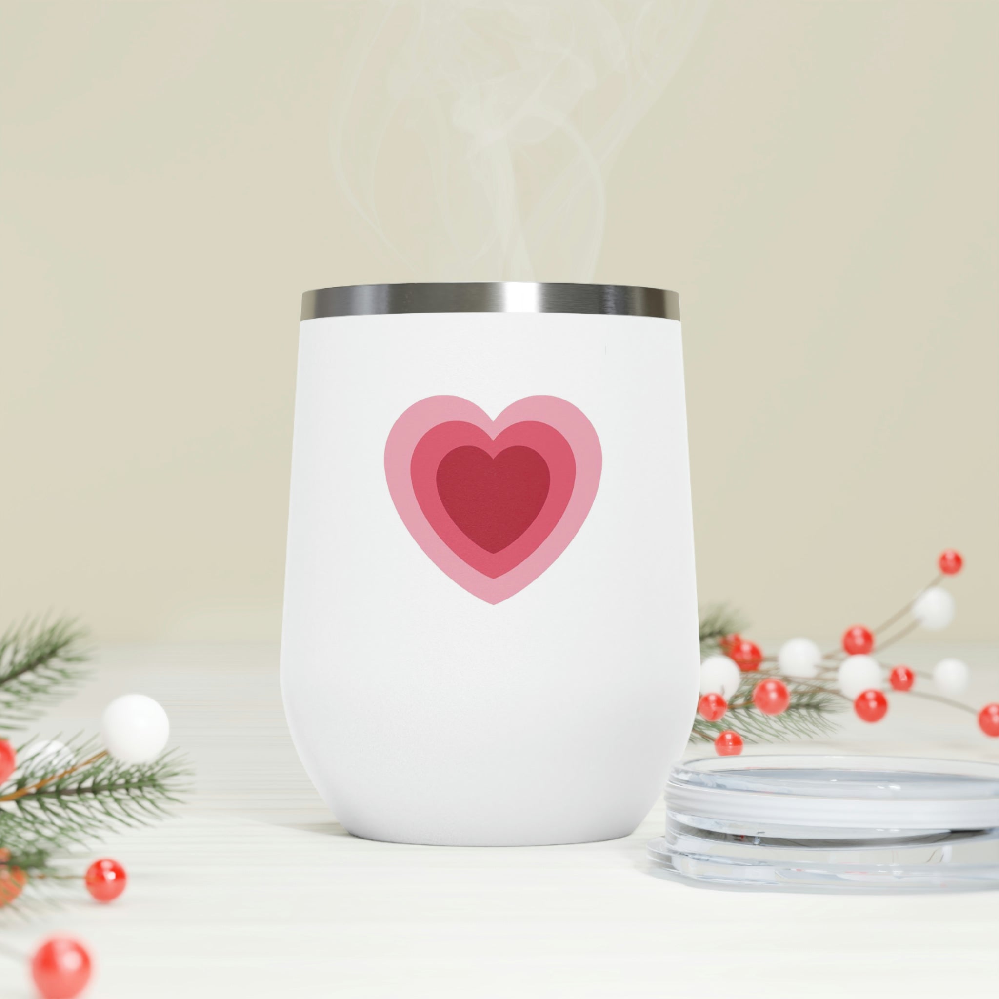 Hearts Wine Tumbler in stainless steel with a clear plastic lid, showcasing a stylish design perfect for hot and cold beverages.