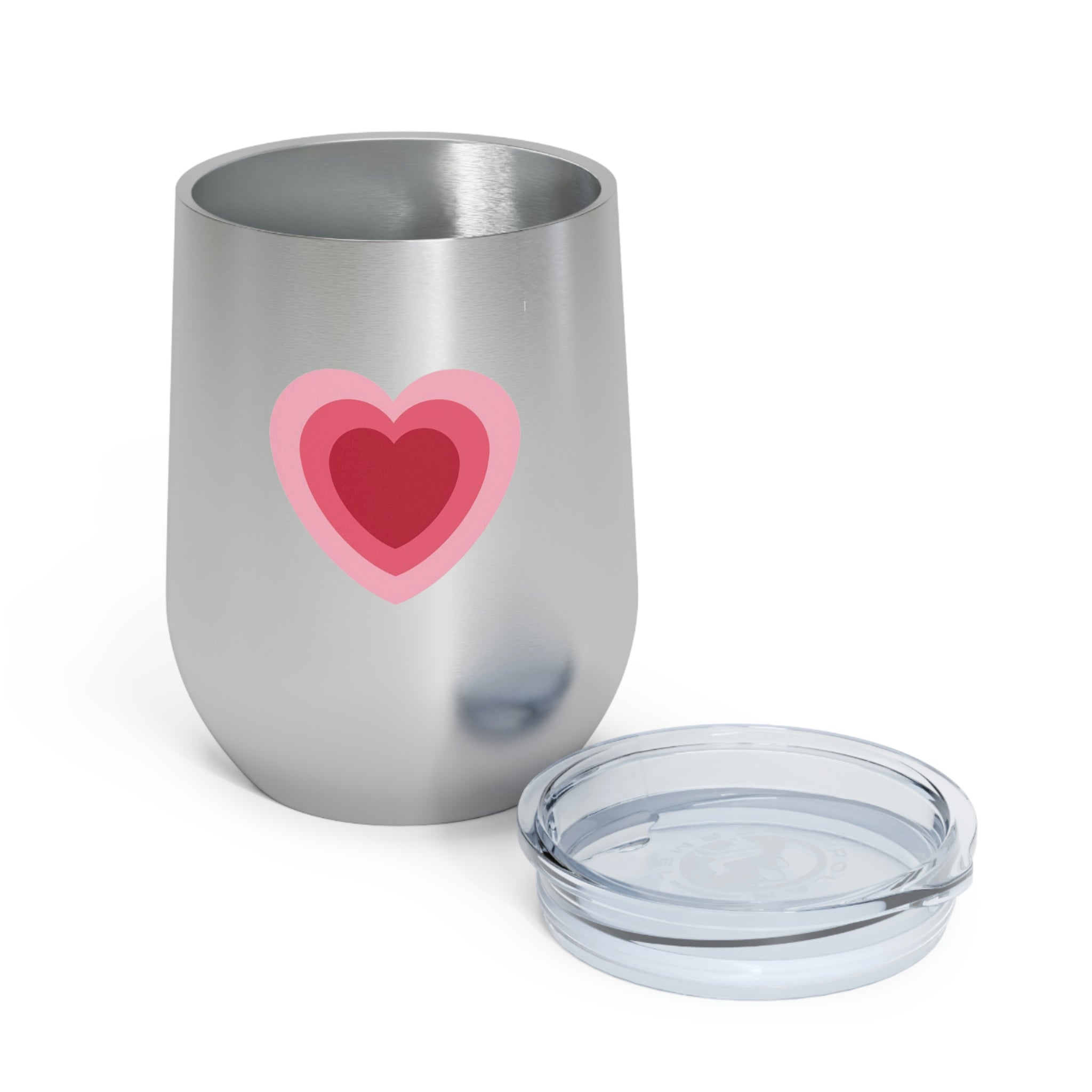 Hearts Wine Tumbler in stainless steel with a clear plastic lid, showcasing a stylish design perfect for hot and cold beverages.