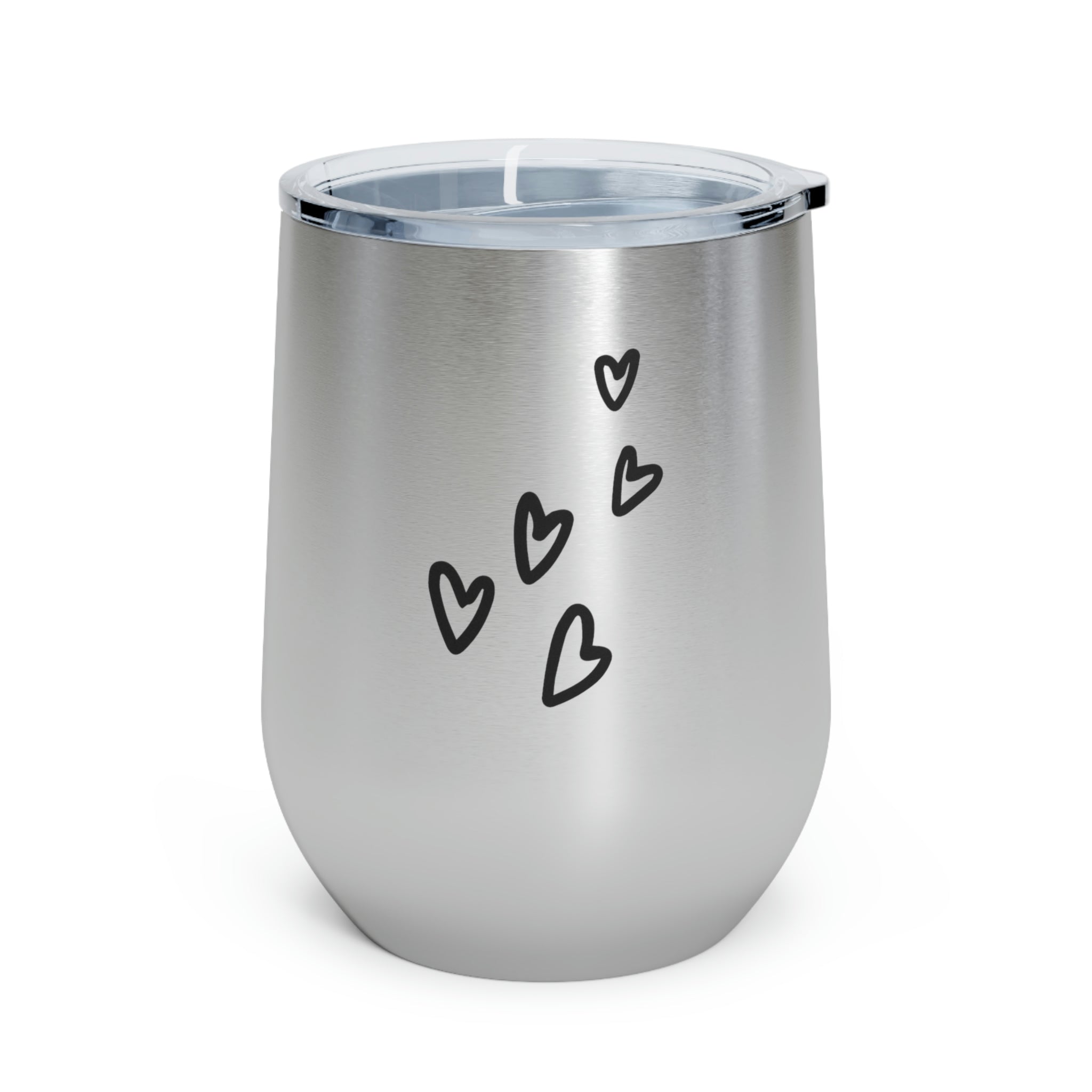 Hearts Wine Tumbler in stainless steel with a clear plastic lid, showcasing a stylish design perfect for hot and cold beverages.