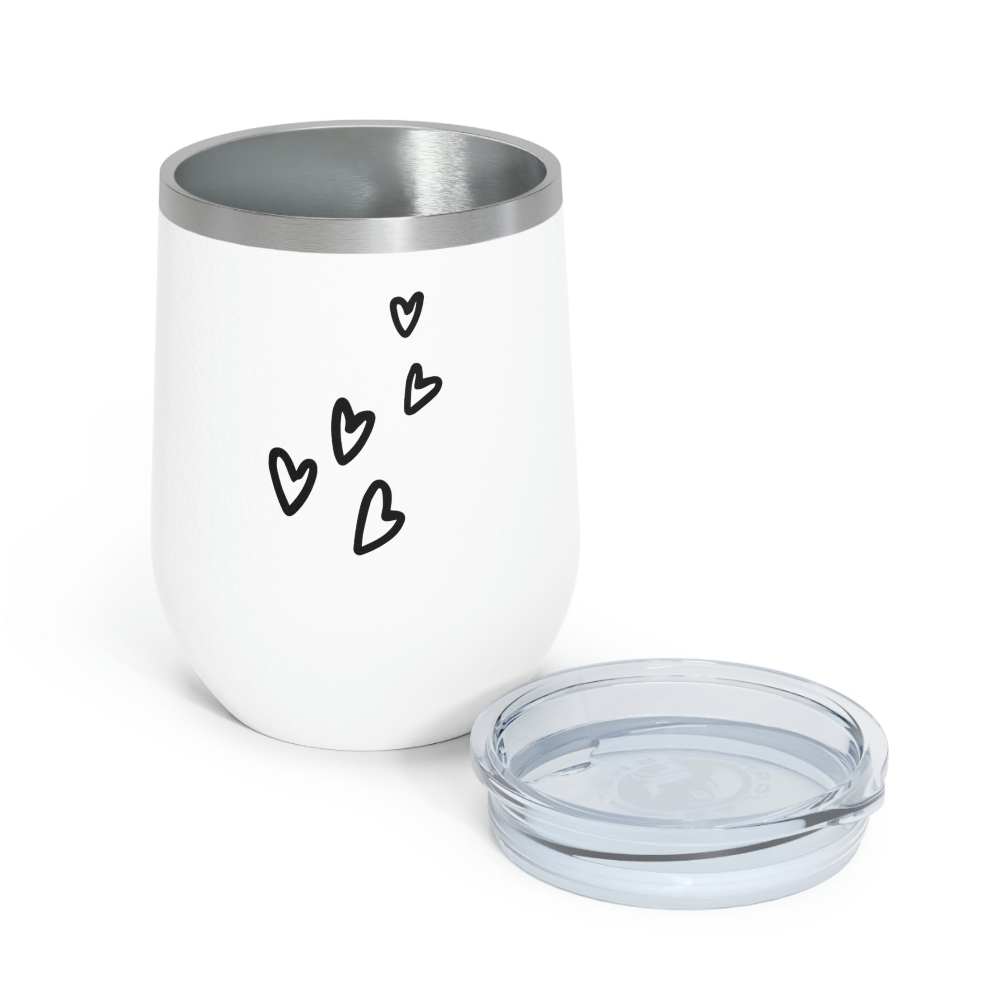 Hearts Wine Tumbler in stainless steel with a clear plastic lid, showcasing a stylish design perfect for hot and cold beverages.