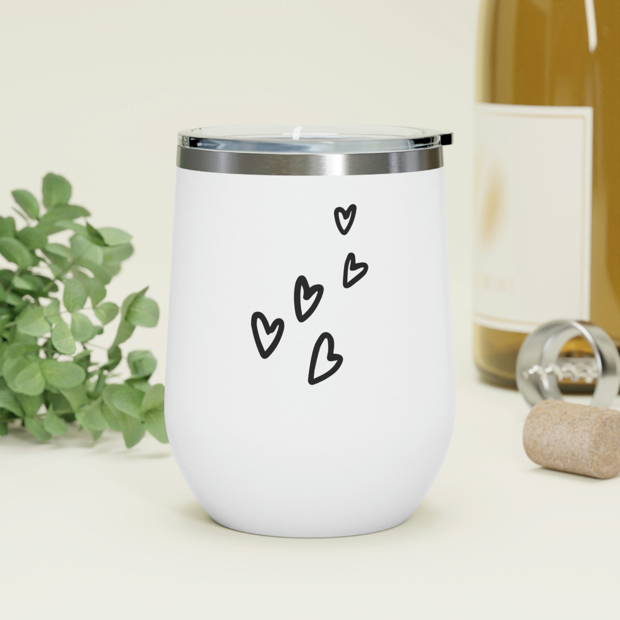 Hearts Wine Tumbler in stainless steel with a clear plastic lid, showcasing a stylish design perfect for hot and cold beverages.