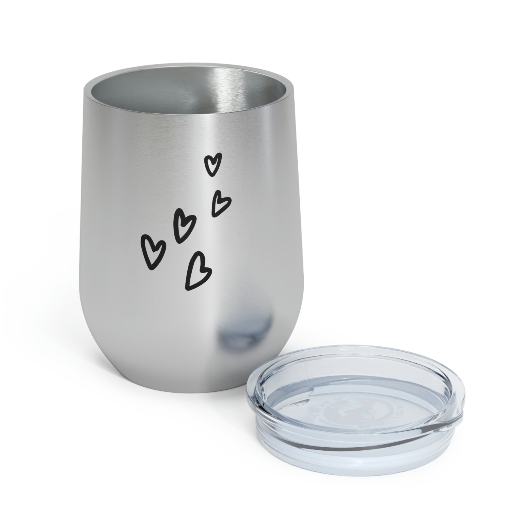 Hearts Wine Tumbler in stainless steel with a clear plastic lid, showcasing a stylish design perfect for hot and cold beverages.