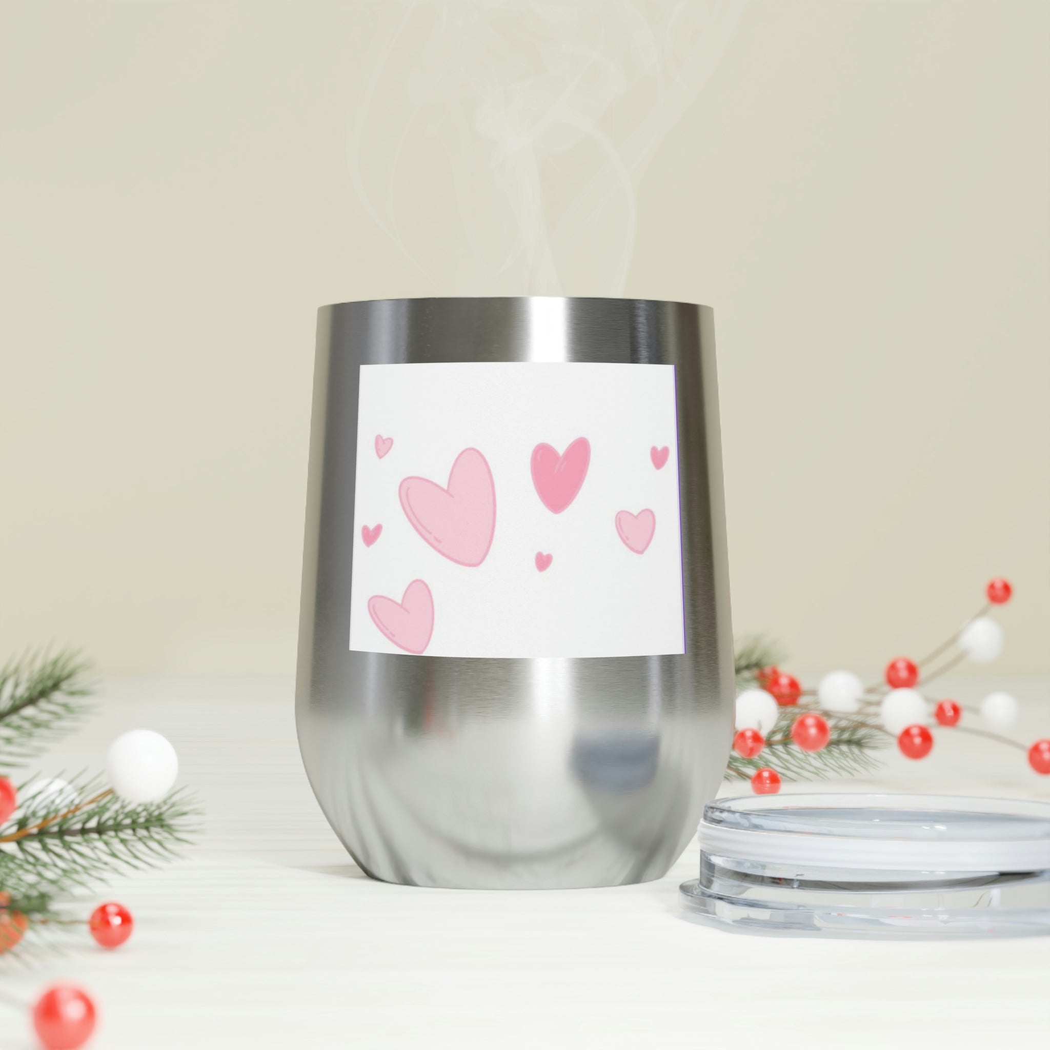 Hearts Wine Tumbler with a stylish design, double insulated, featuring a clear plastic lid for easy sipping.