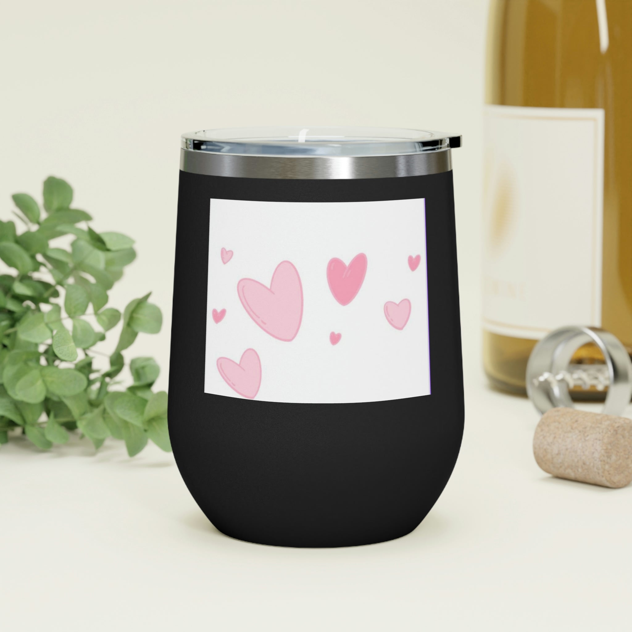 Hearts Wine Tumbler with a stylish design, double insulated, featuring a clear plastic lid for easy sipping.