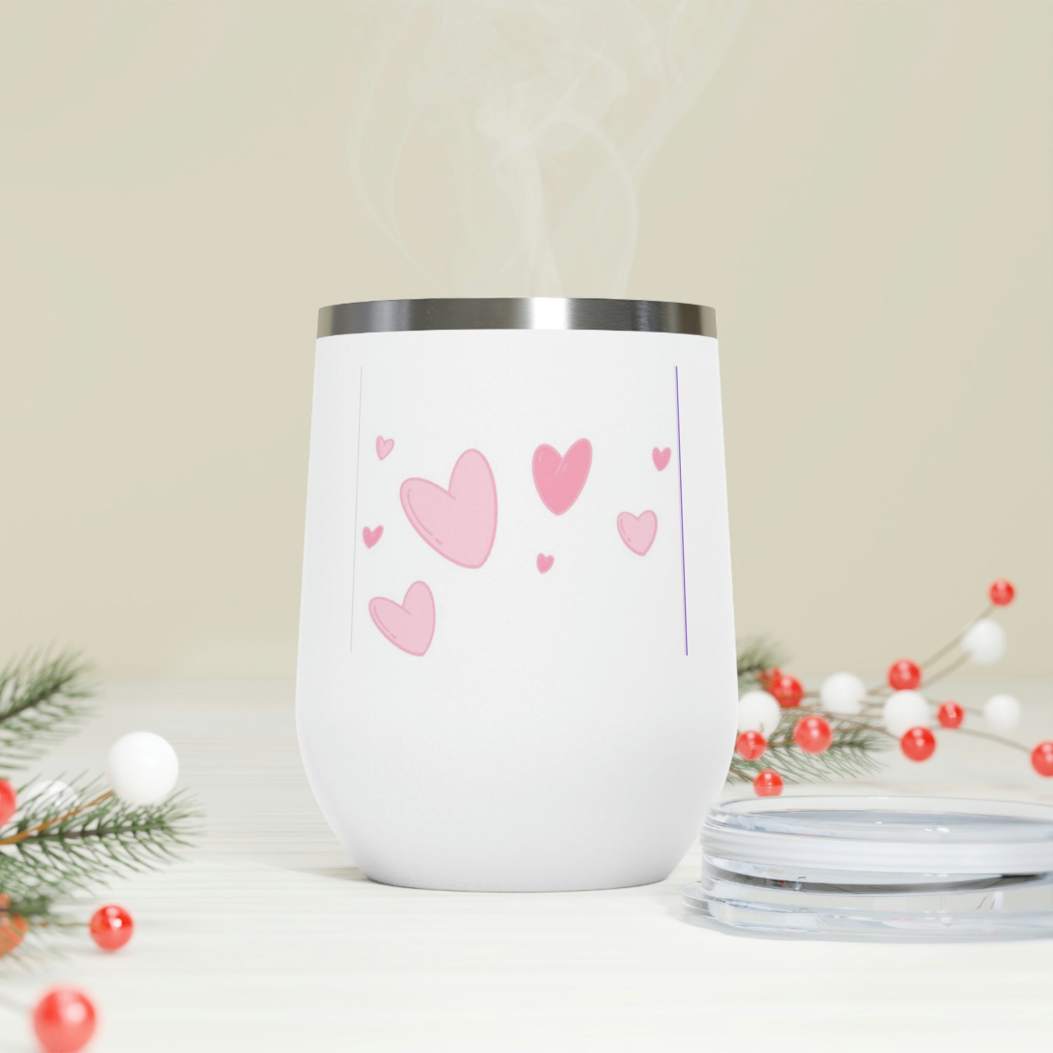 Hearts Wine Tumbler with a stylish design, double insulated, featuring a clear plastic lid for easy sipping.