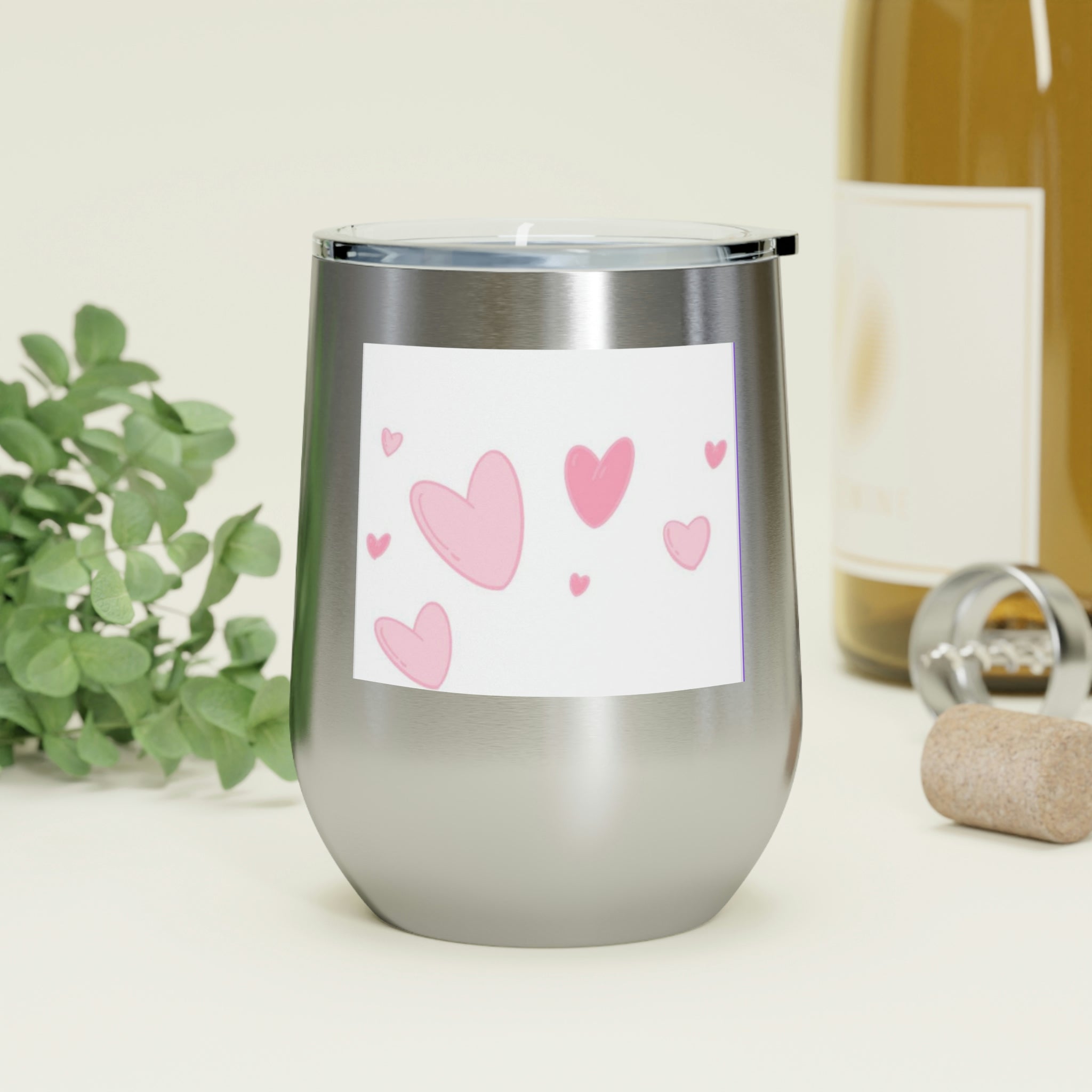 Hearts Wine Tumbler with a stylish design, double insulated, featuring a clear plastic lid for easy sipping.