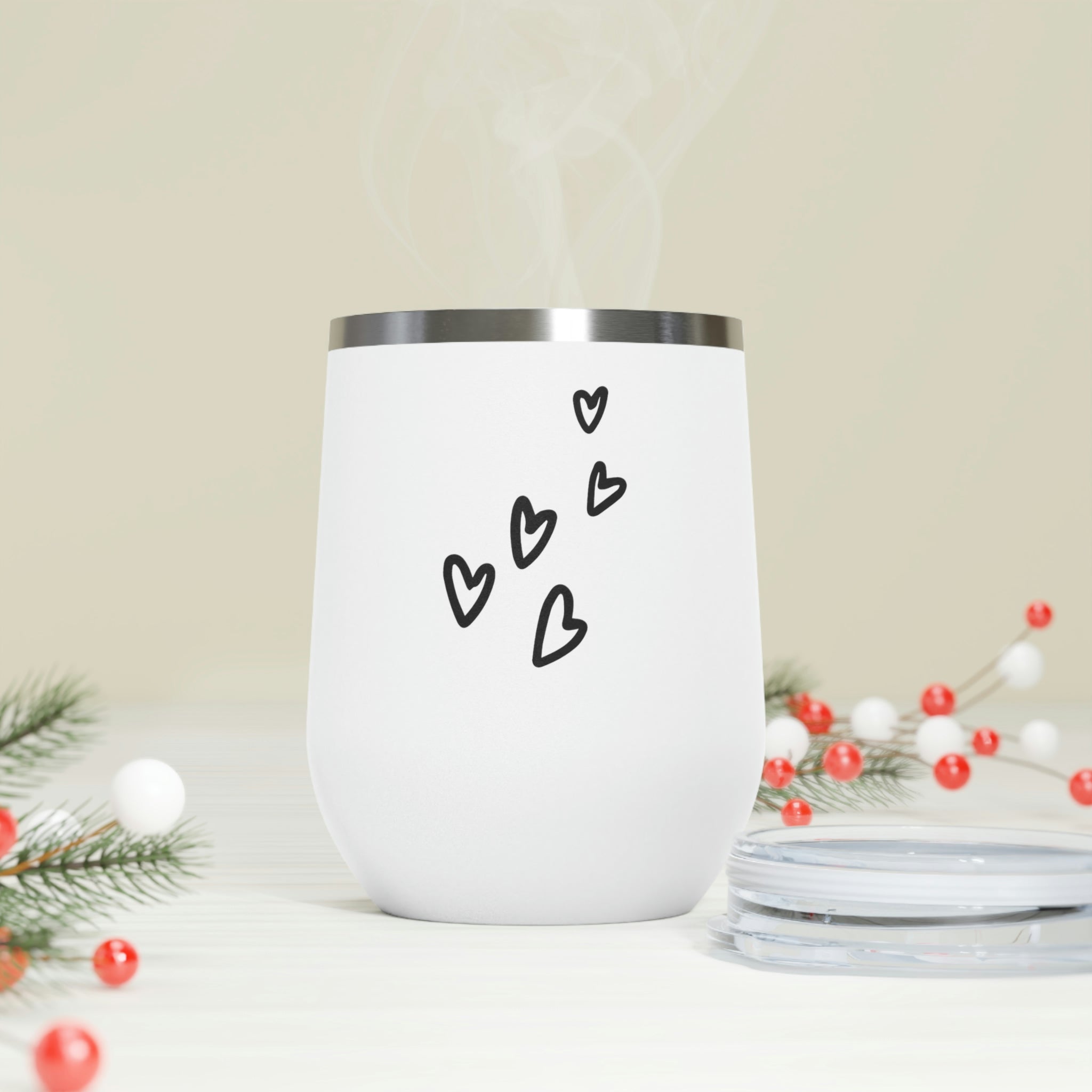 Hearts Wine Tumbler featuring a stylish design, double insulation, and a clear plastic lid, perfect for hot and cold beverages.