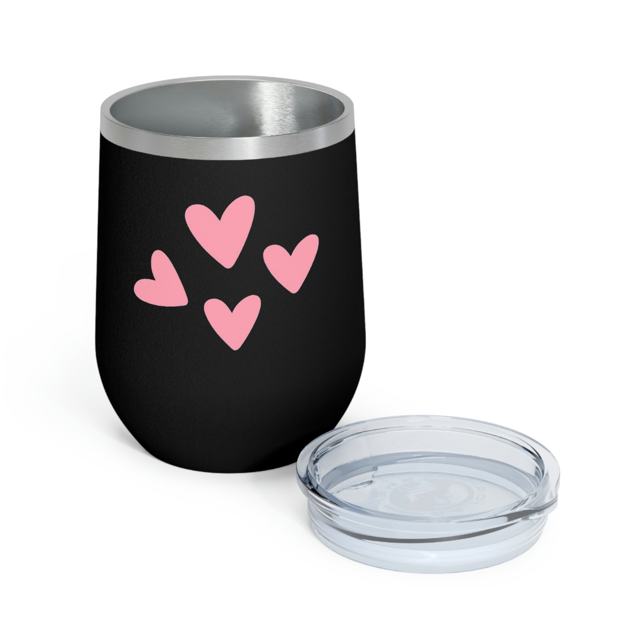 A stylish Hearts Wine Tumbler made of stainless steel with a clear plastic lid, perfect for hot and cold beverages.