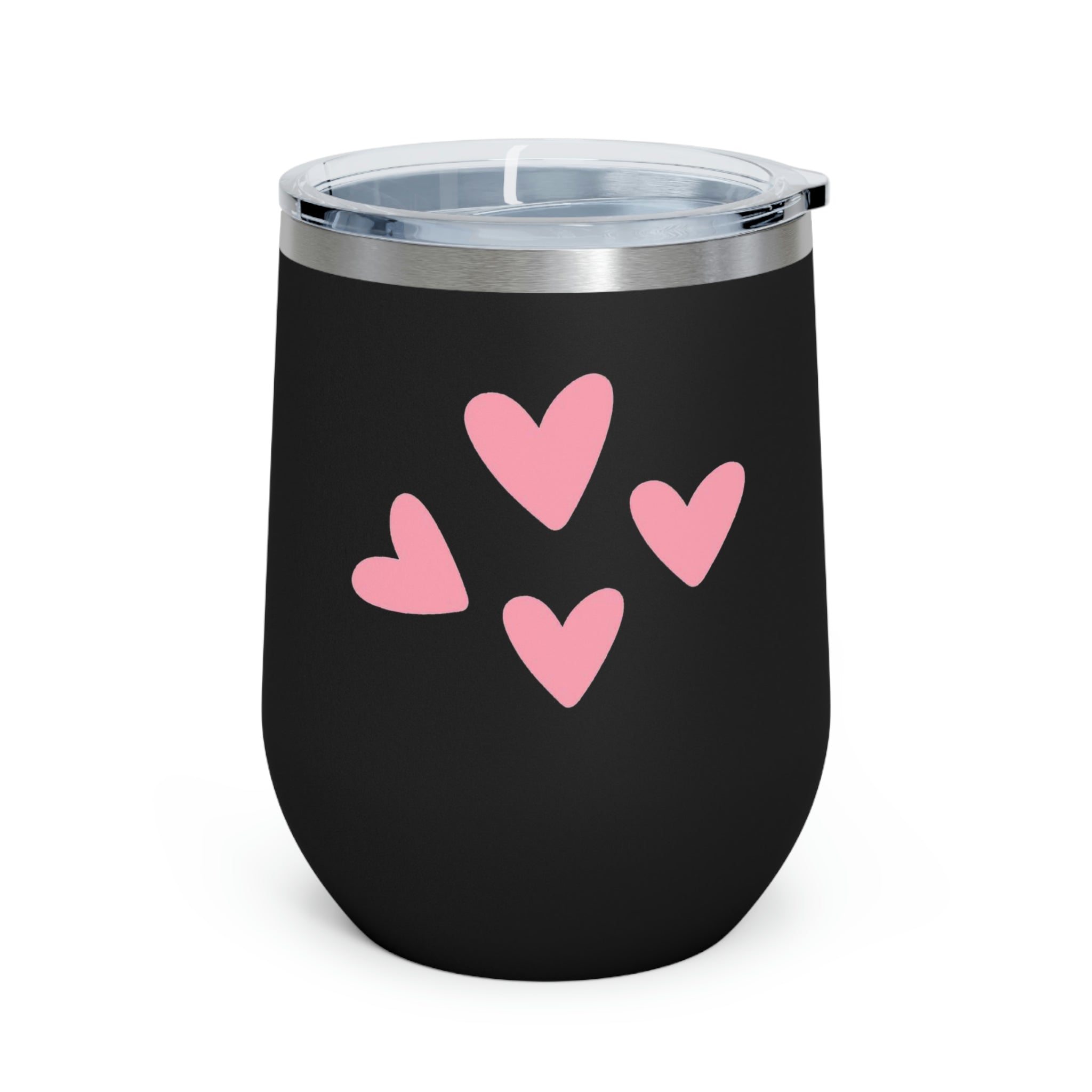 A stylish Hearts Wine Tumbler made of stainless steel with a clear plastic lid, perfect for hot and cold beverages.