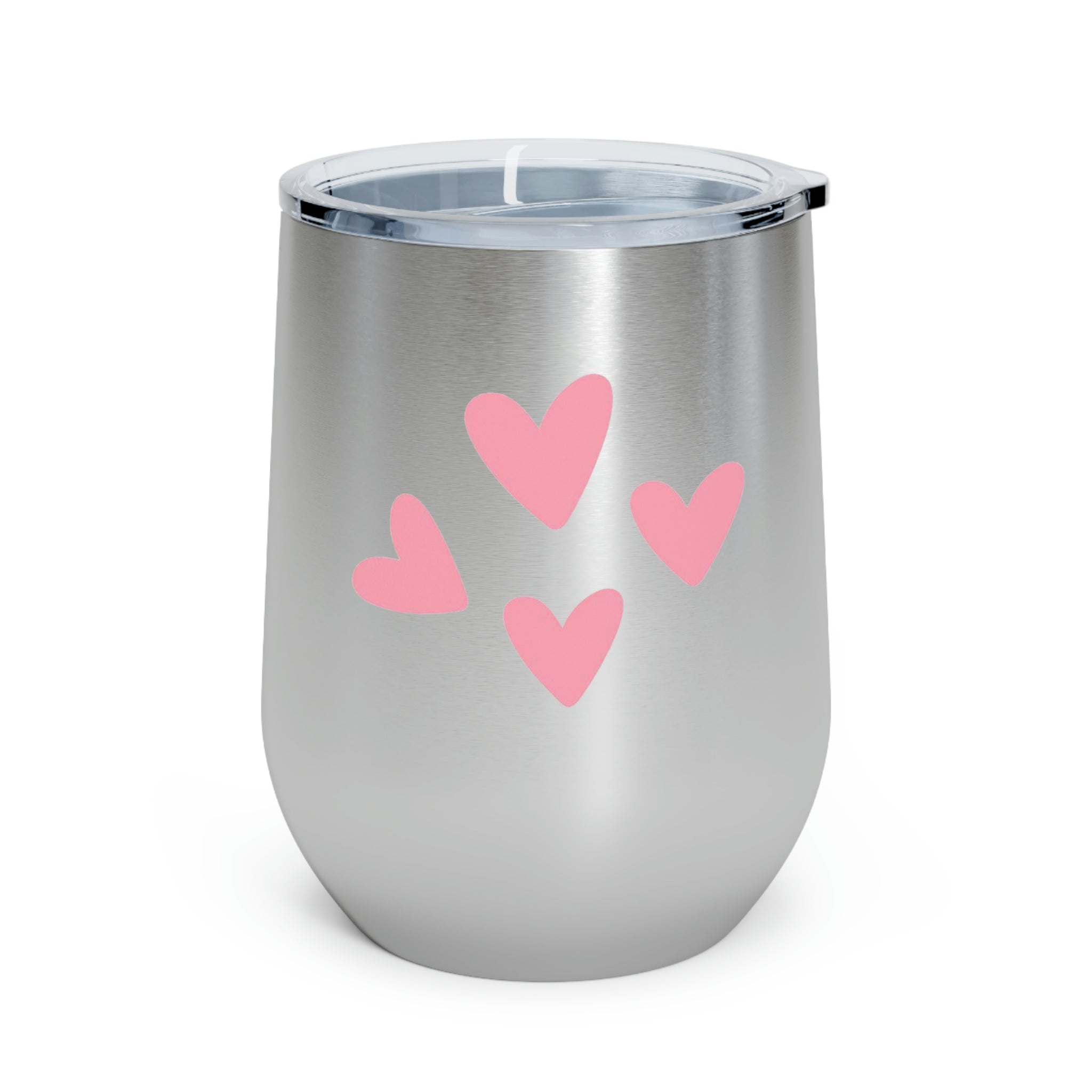 A stylish Hearts Wine Tumbler made of stainless steel with a clear plastic lid, perfect for hot and cold beverages.