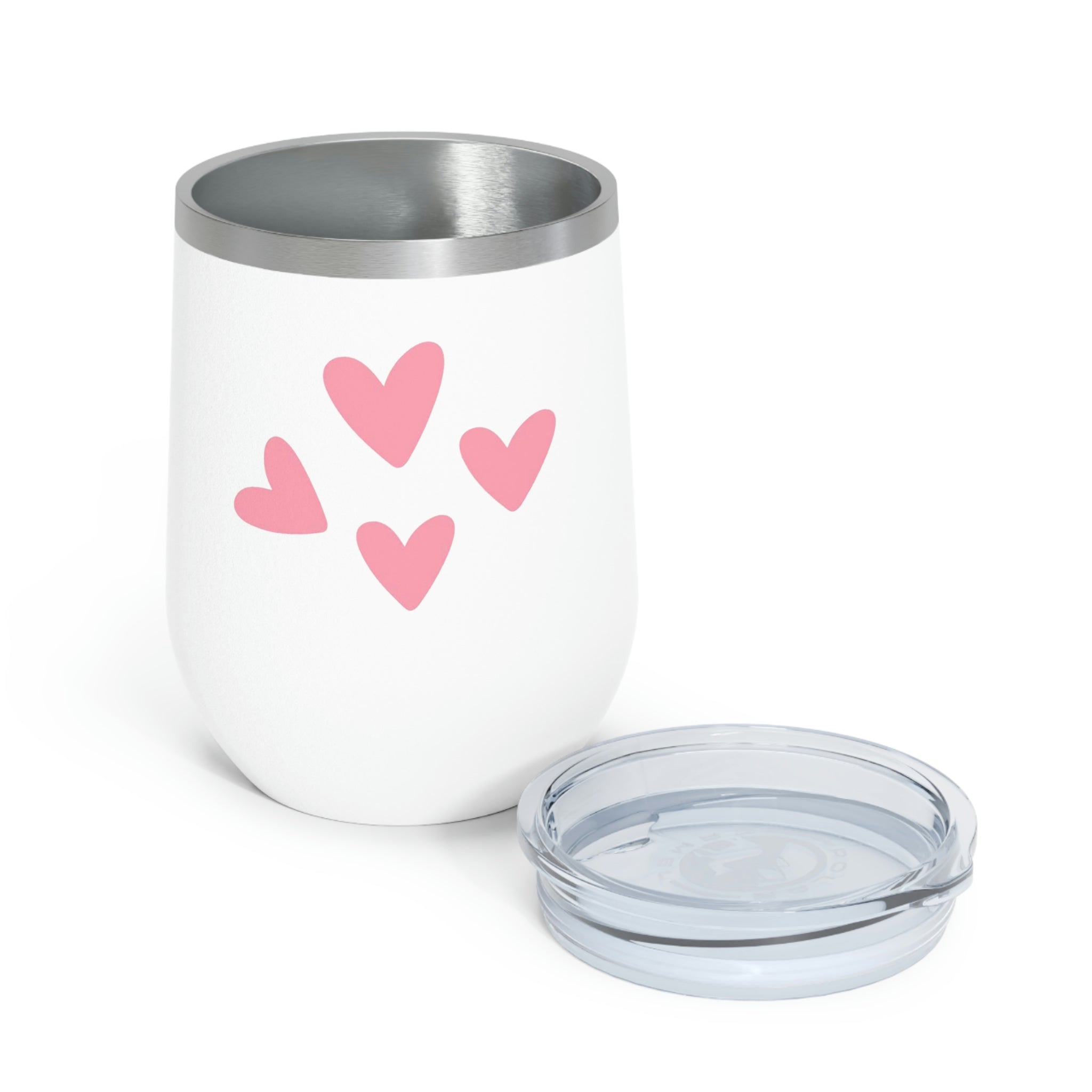 A stylish Hearts Wine Tumbler made of stainless steel with a clear plastic lid, perfect for hot and cold beverages.