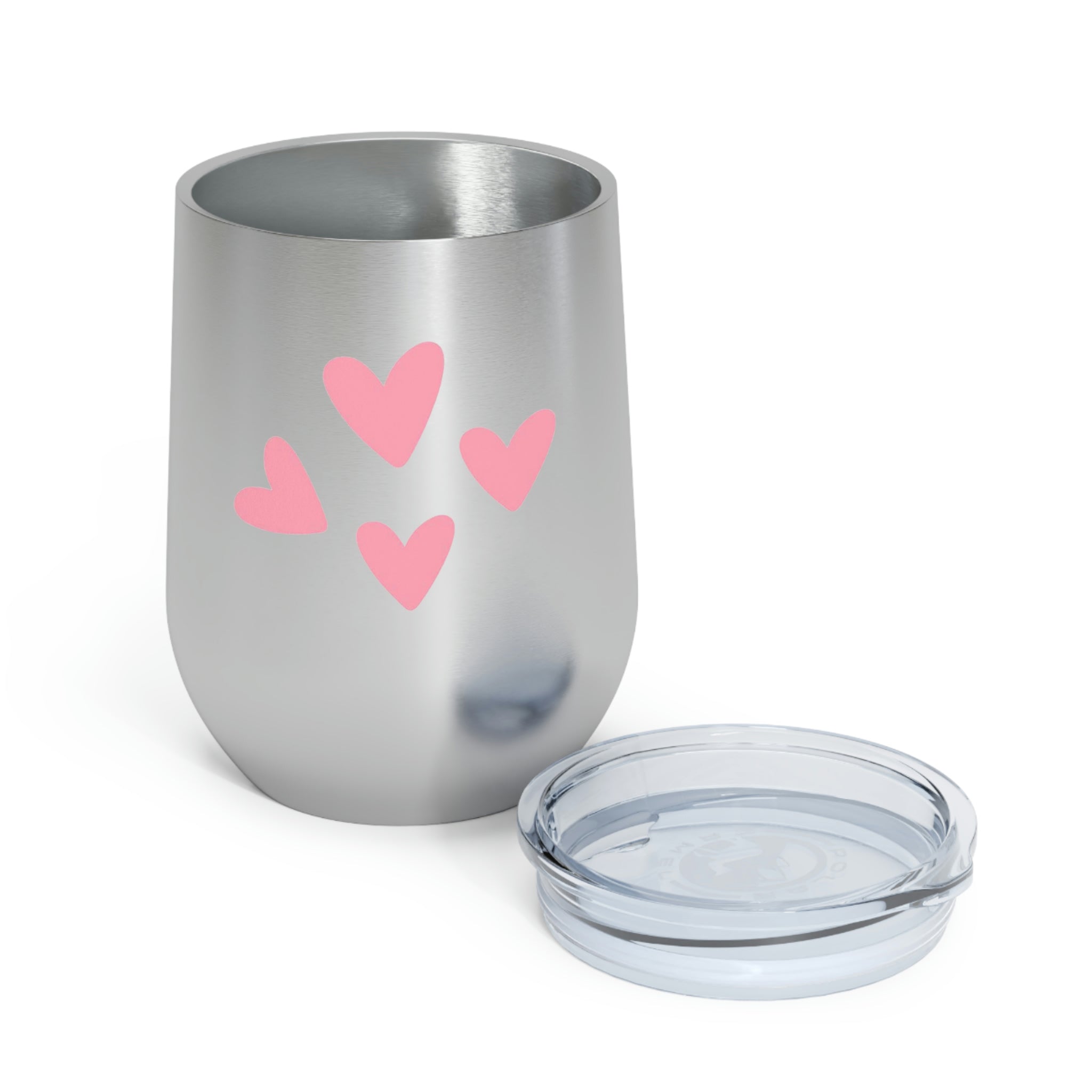 A stylish Hearts Wine Tumbler made of stainless steel with a clear plastic lid, perfect for hot and cold beverages.