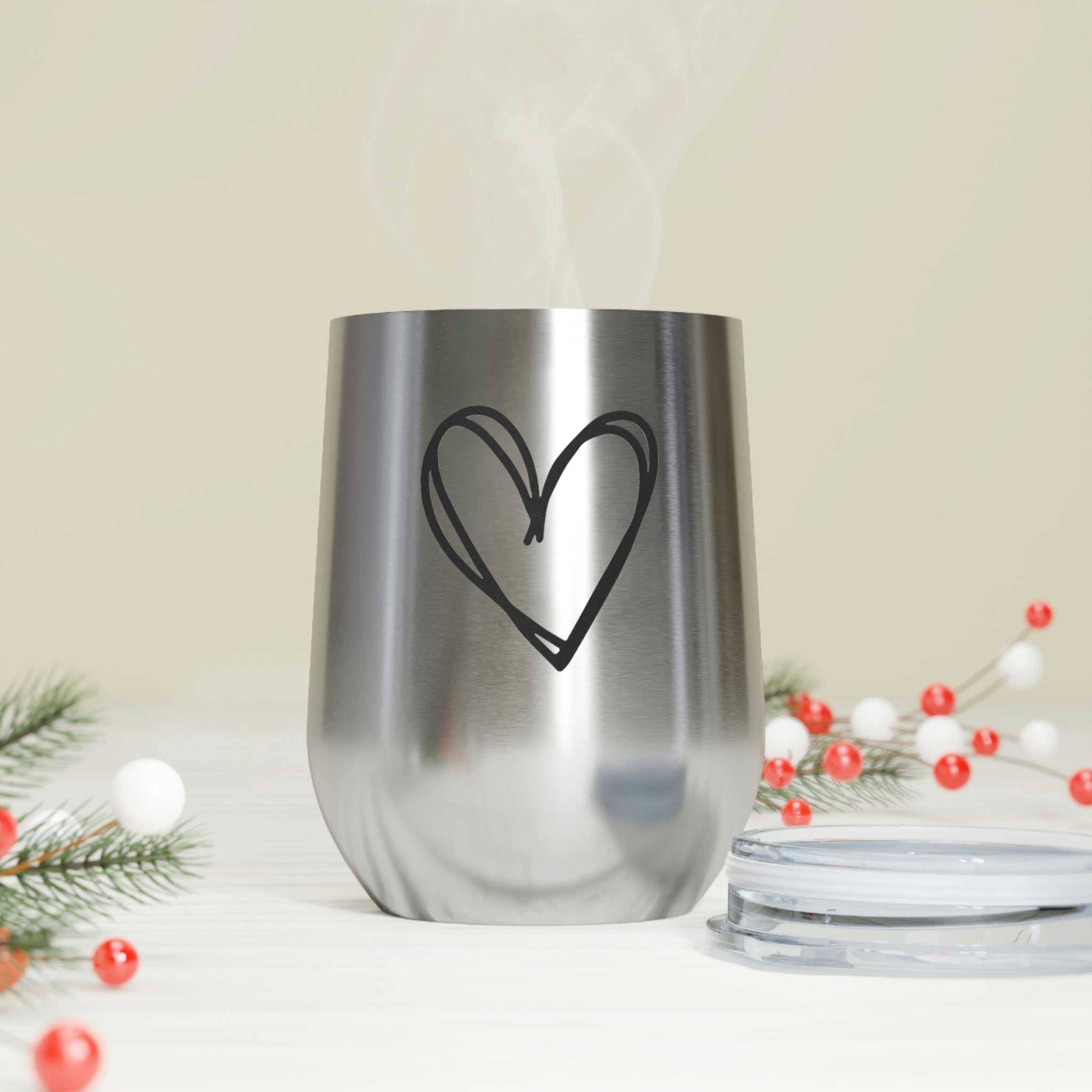 Hearts Wine Tumbler with double insulation and clear lid, showcasing heart design.