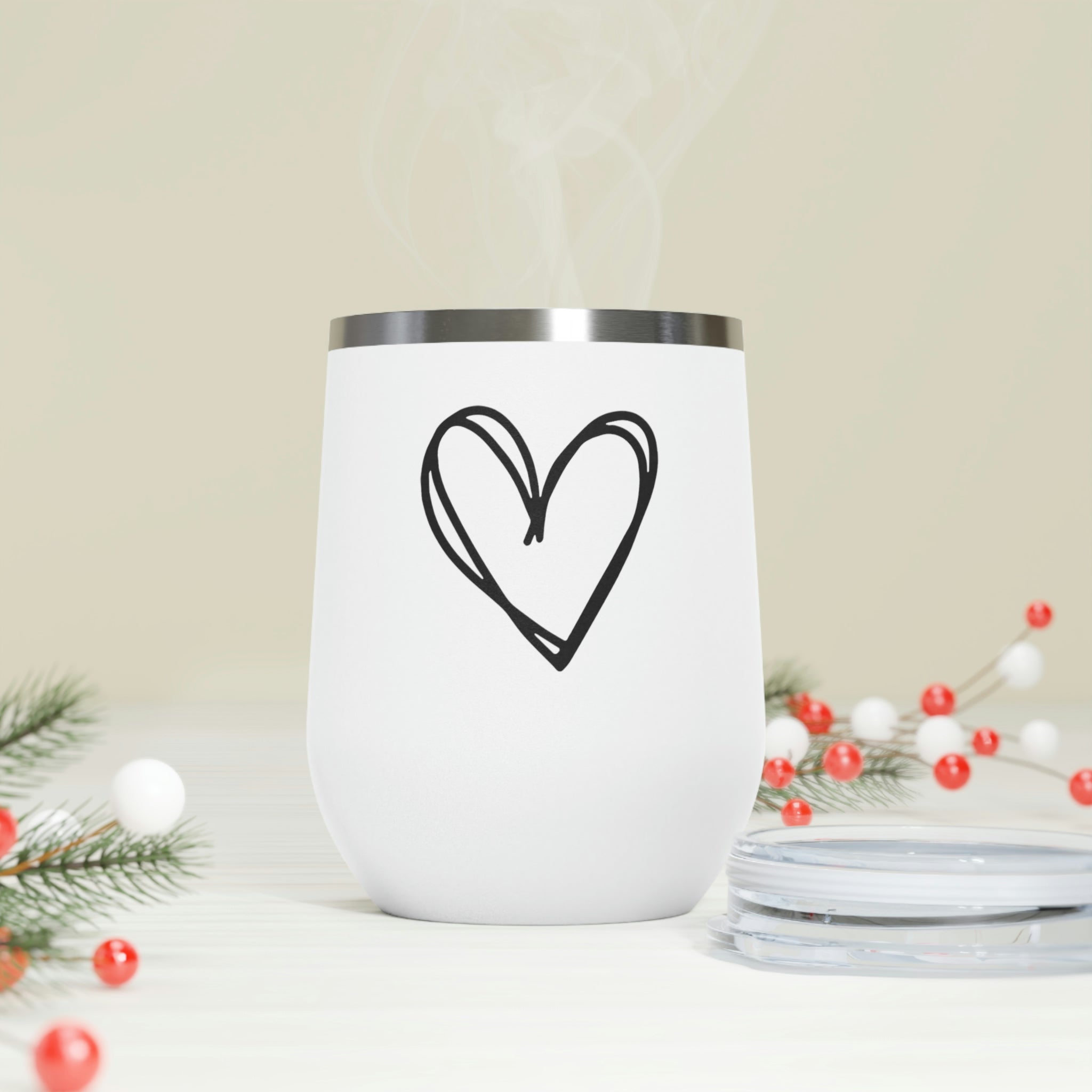 Hearts Wine Tumbler with double insulation and clear lid, showcasing heart design.