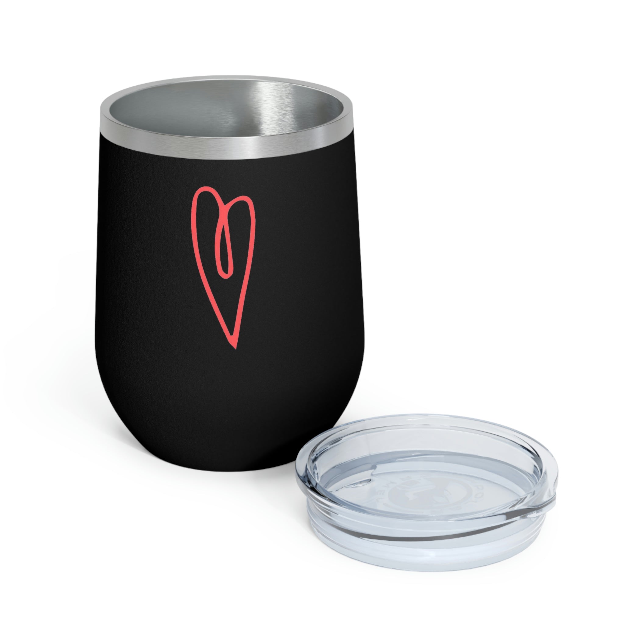 Hearts Wine Tumbler in stainless steel with a clear plastic lid, showcasing a stylish design for hot and cold beverages.