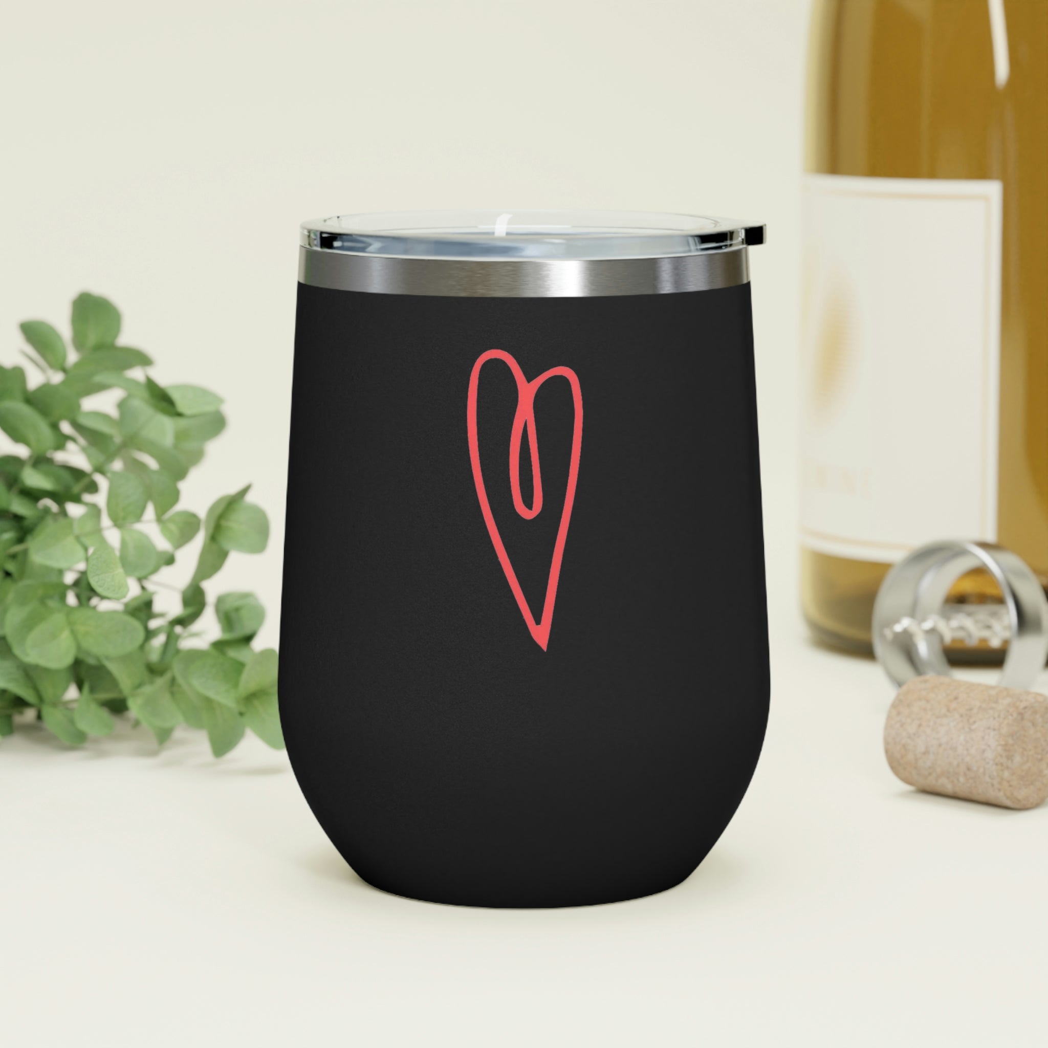 Hearts Wine Tumbler in stainless steel with a clear plastic lid, showcasing a stylish design for hot and cold beverages.