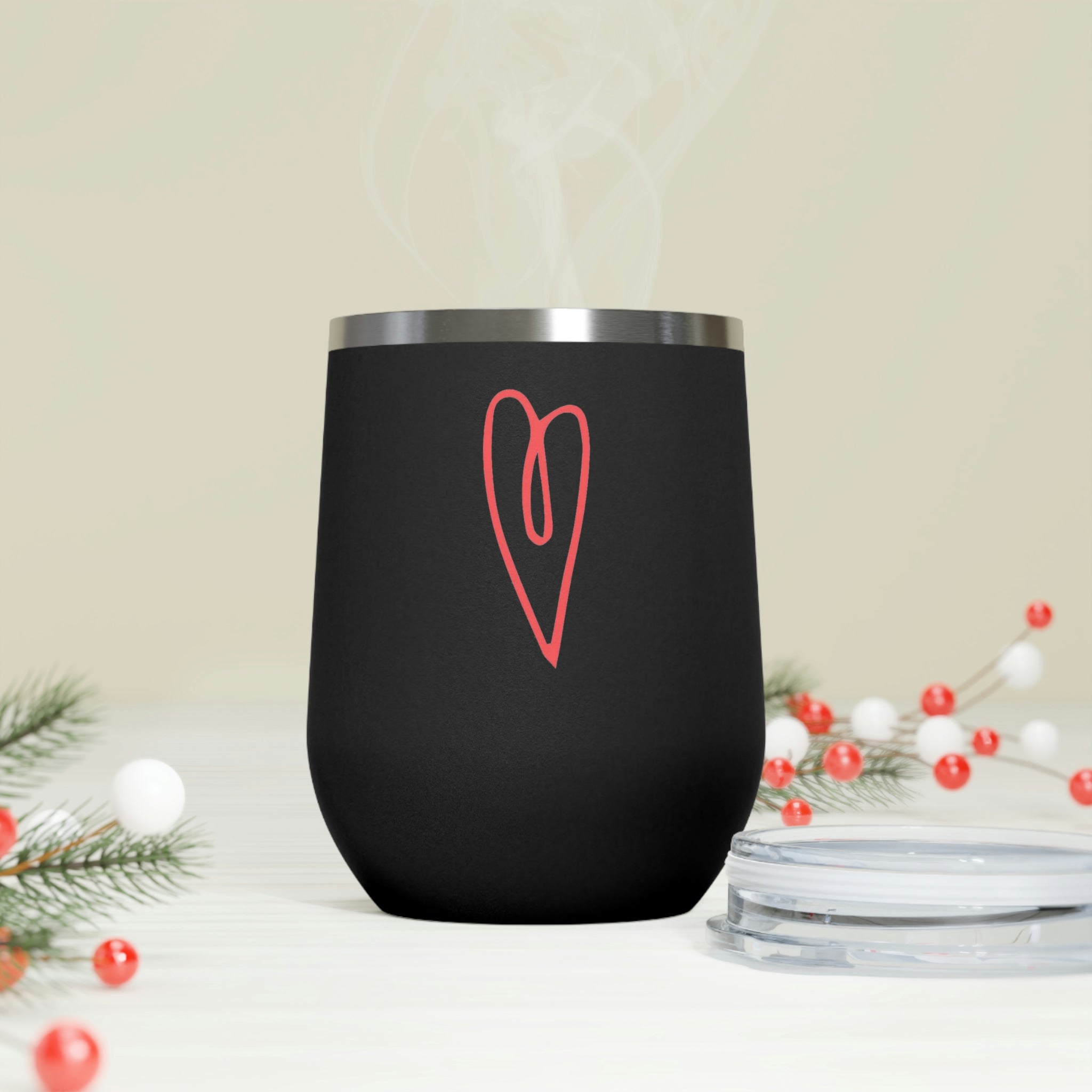 Hearts Wine Tumbler in stainless steel with a clear plastic lid, showcasing a stylish design for hot and cold beverages.