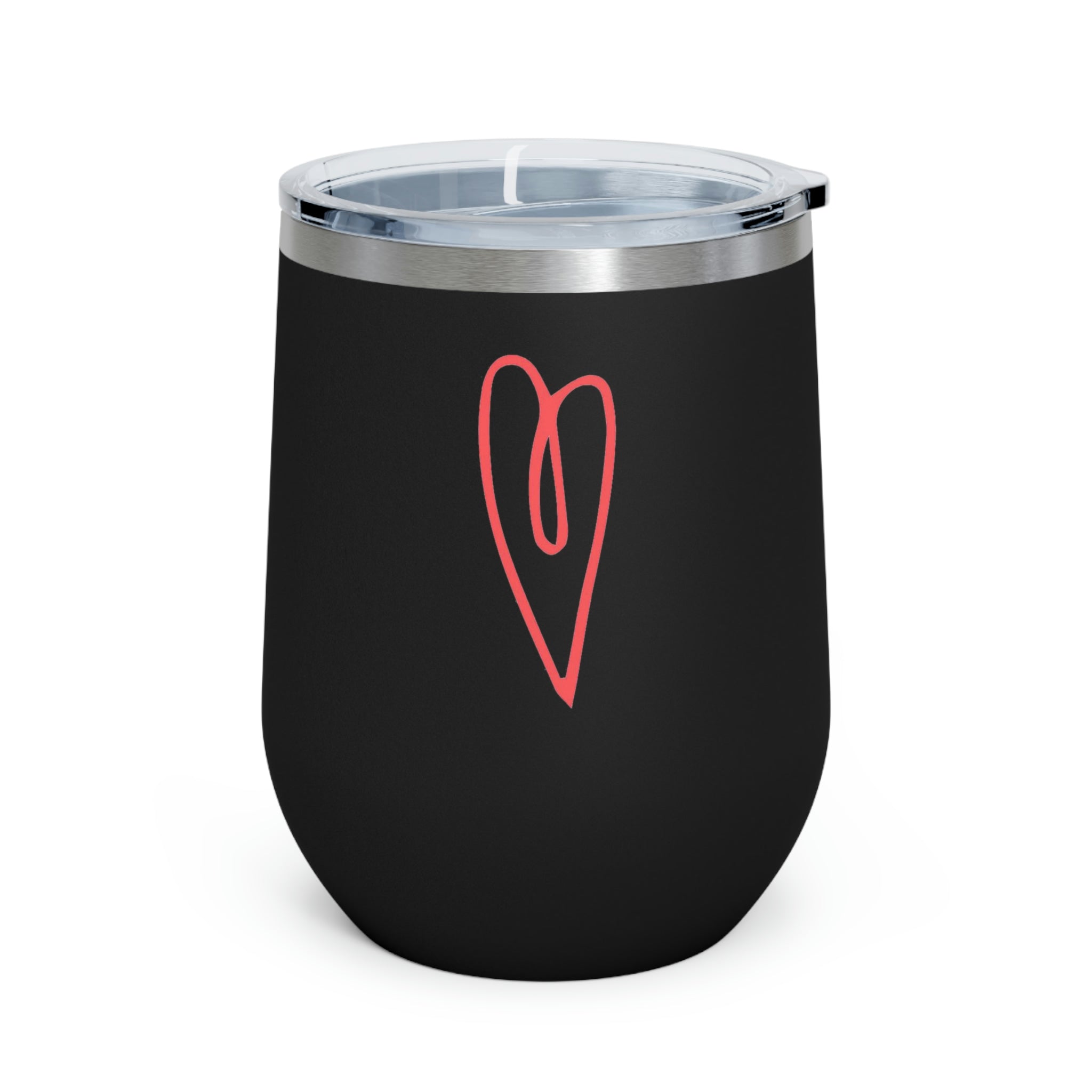 Hearts Wine Tumbler in stainless steel with a clear plastic lid, showcasing a stylish design for hot and cold beverages.