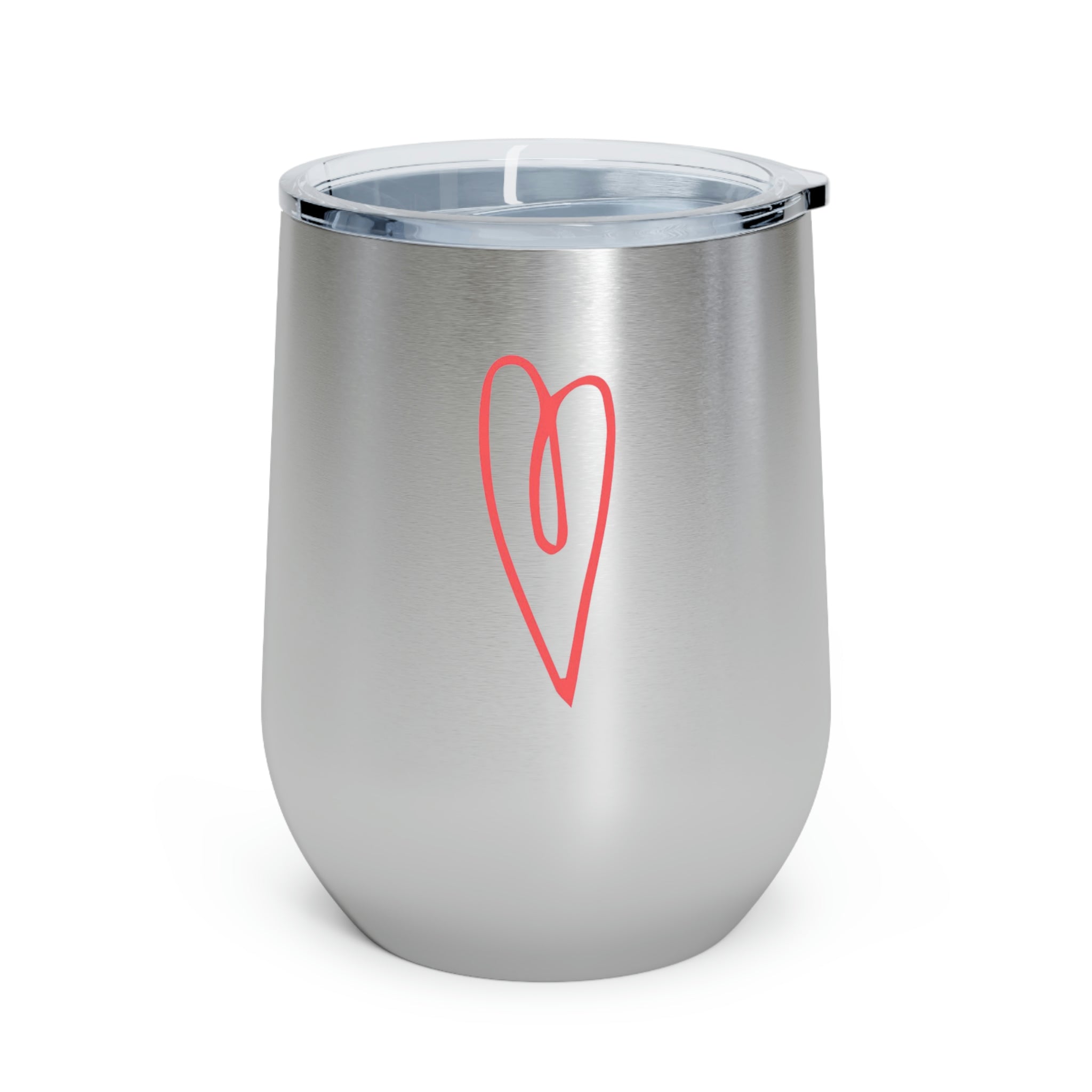 Hearts Wine Tumbler in stainless steel with a clear plastic lid, showcasing a stylish design for hot and cold beverages.