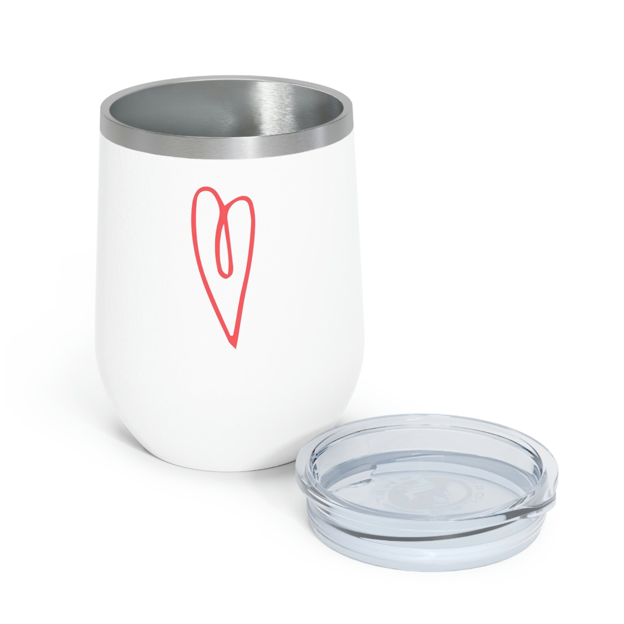 Hearts Wine Tumbler in stainless steel with a clear plastic lid, showcasing a stylish design for hot and cold beverages.