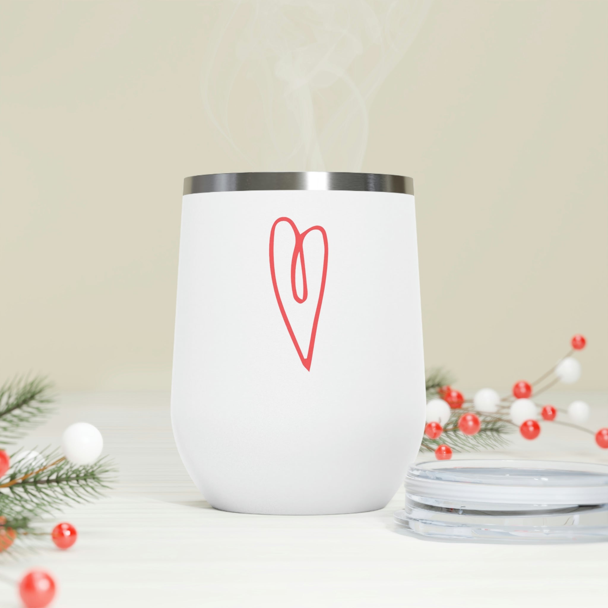 Hearts Wine Tumbler in stainless steel with a clear plastic lid, showcasing a stylish design for hot and cold beverages.