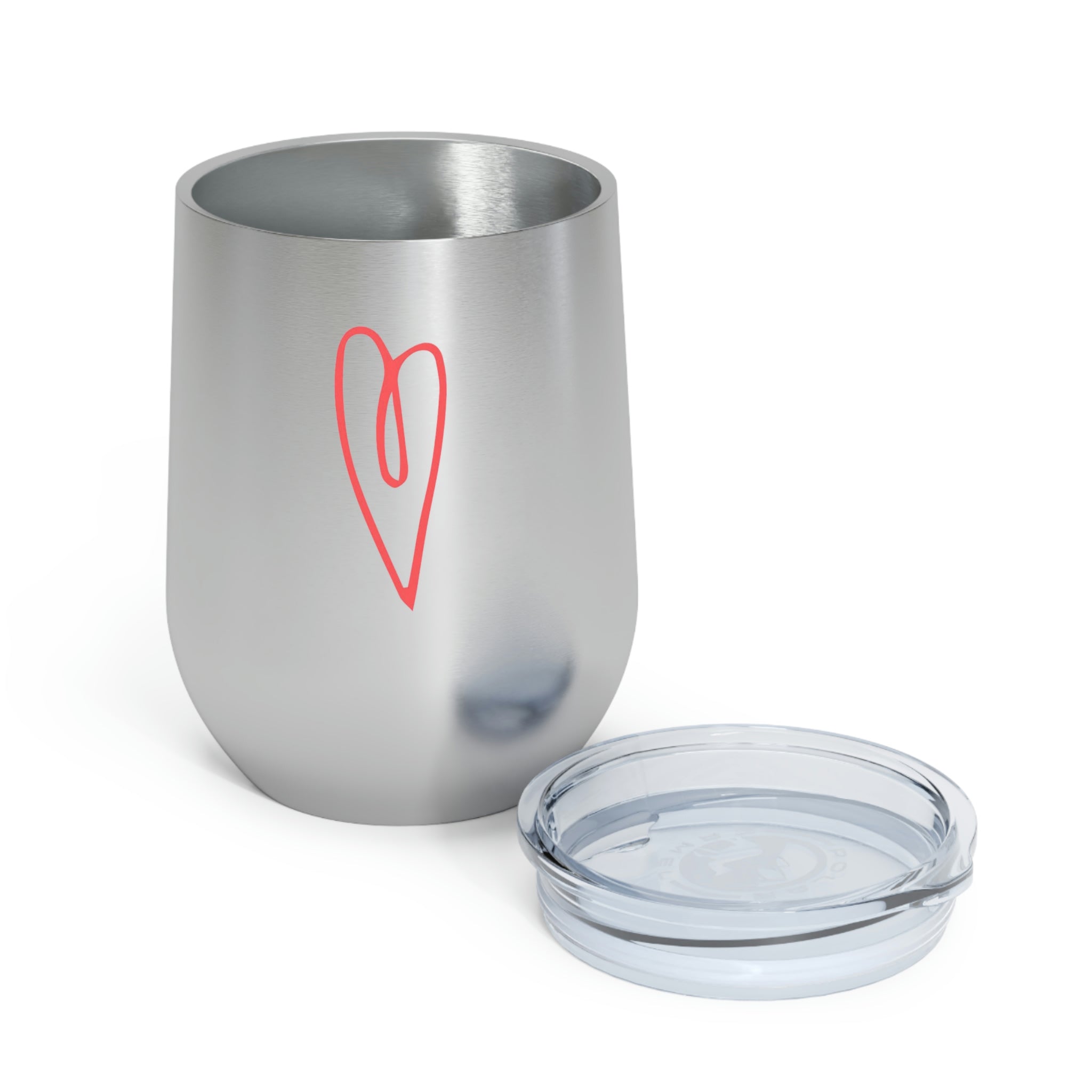 Hearts Wine Tumbler in stainless steel with a clear plastic lid, showcasing a stylish design for hot and cold beverages.