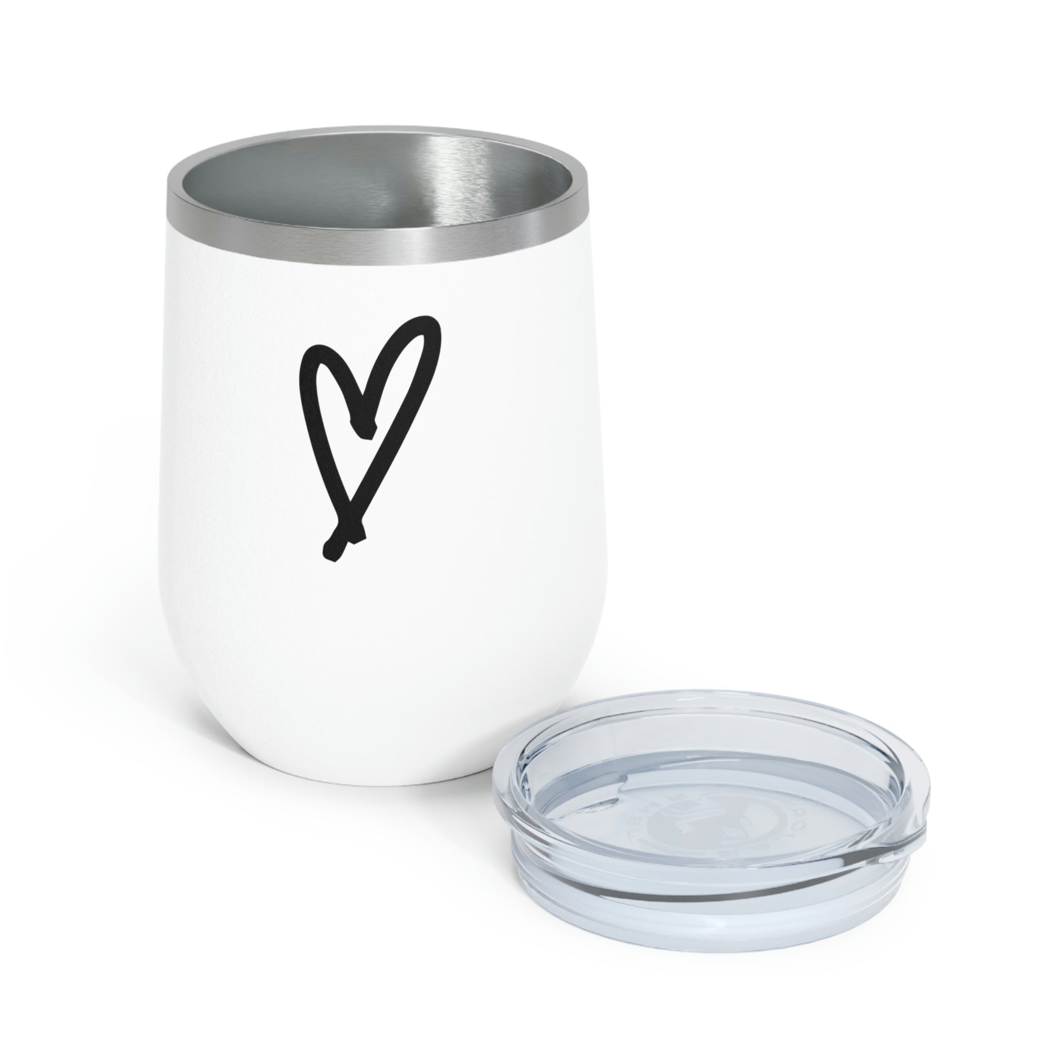 A stylish Hearts Wine Tumbler made of stainless steel with a clear plastic lid, perfect for hot and cold beverages.