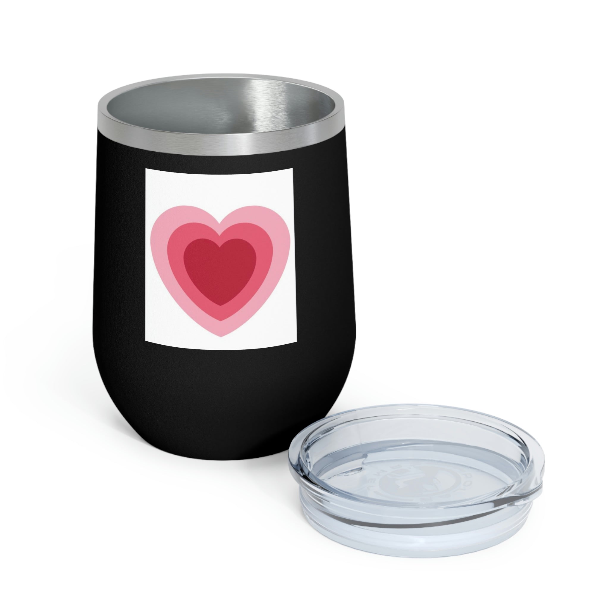 A stylish Hearts Wine Tumbler made of stainless steel with a clear plastic lid, perfect for hot and cold beverages.