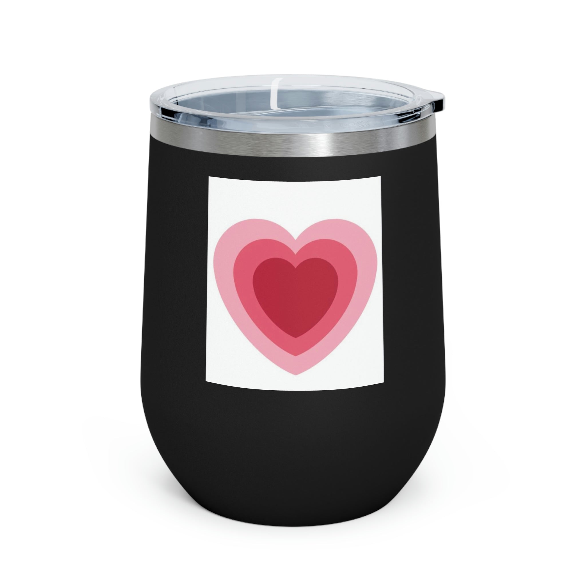 A stylish Hearts Wine Tumbler made of stainless steel with a clear plastic lid, perfect for hot and cold beverages.