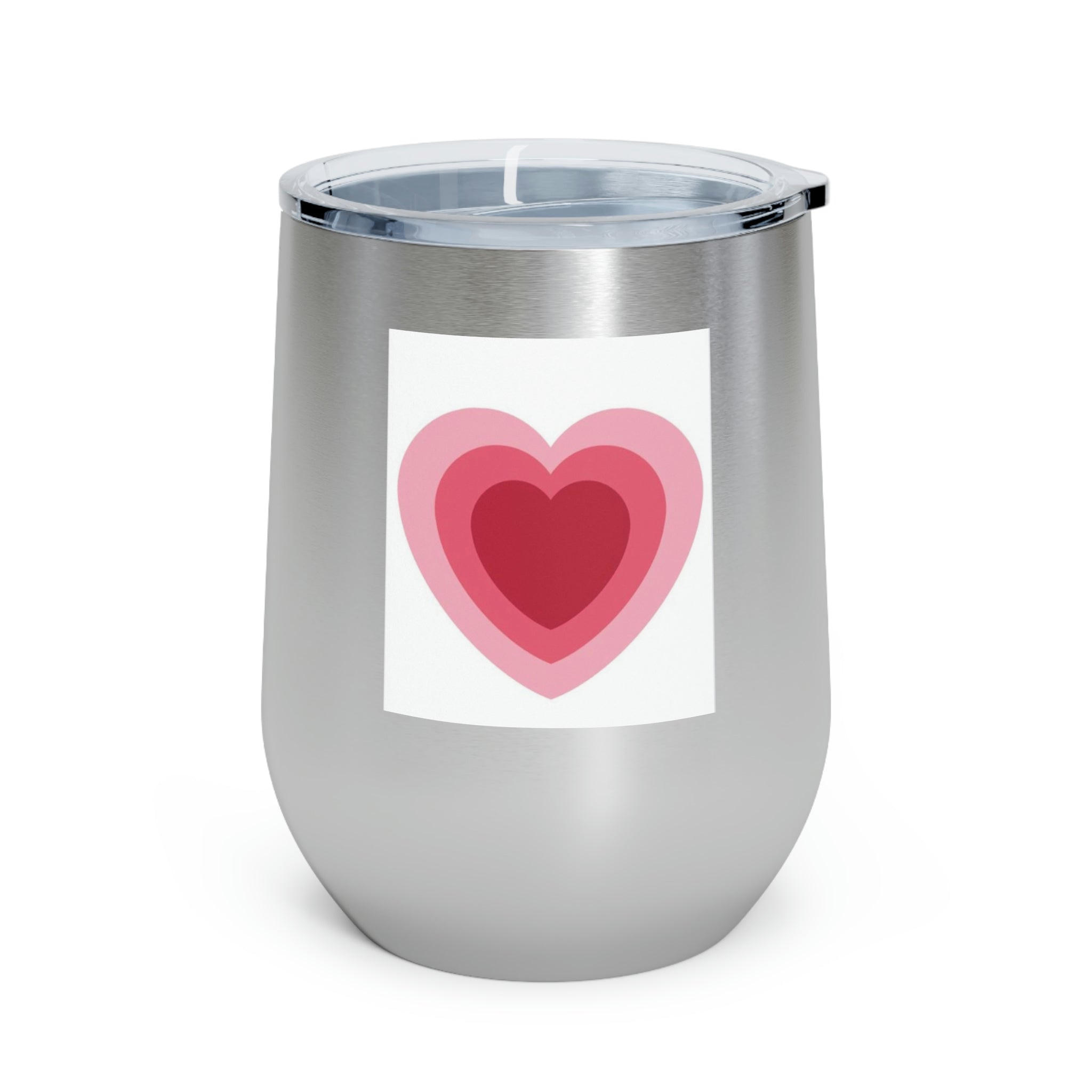 A stylish Hearts Wine Tumbler made of stainless steel with a clear plastic lid, perfect for hot and cold beverages.