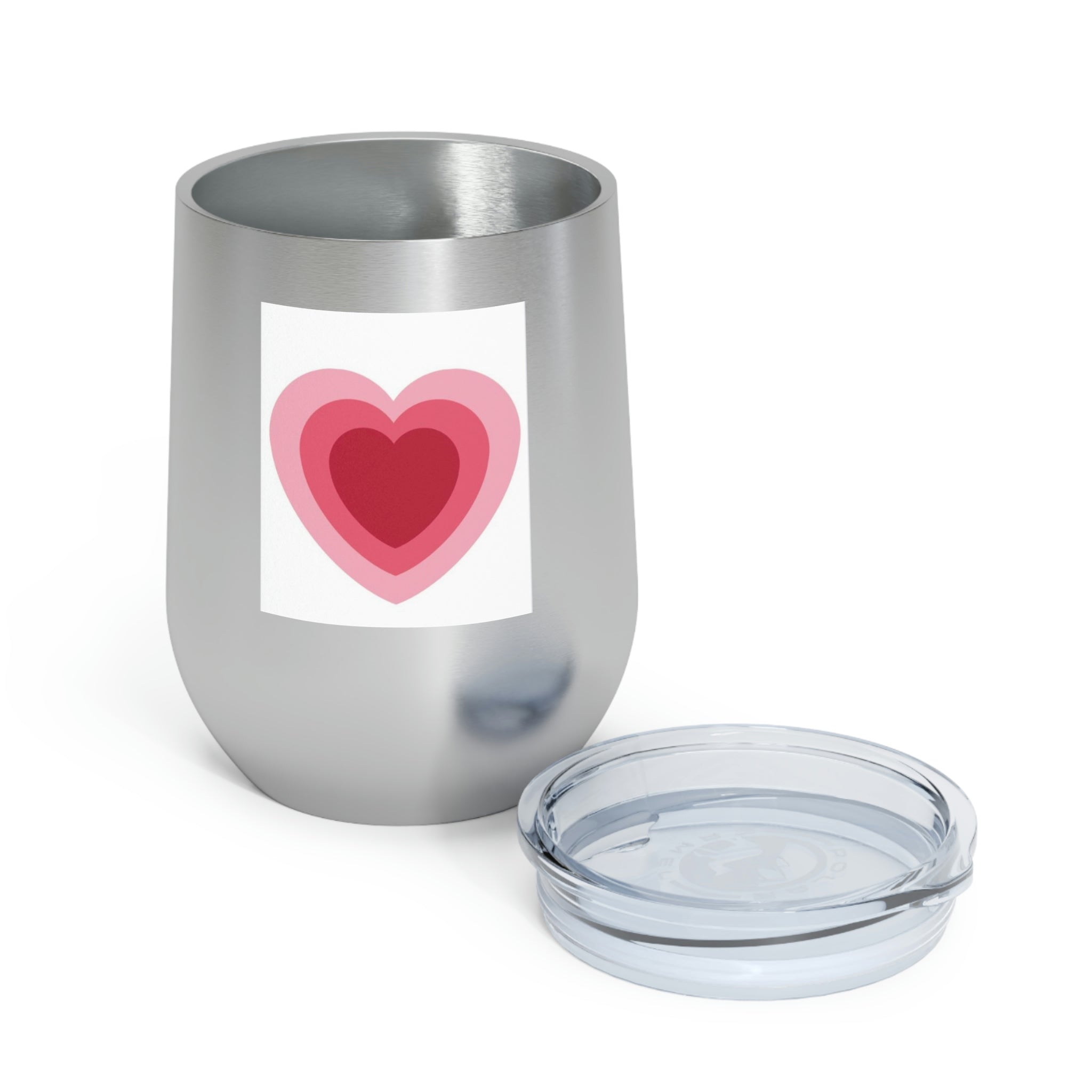 A stylish Hearts Wine Tumbler made of stainless steel with a clear plastic lid, perfect for hot and cold beverages.