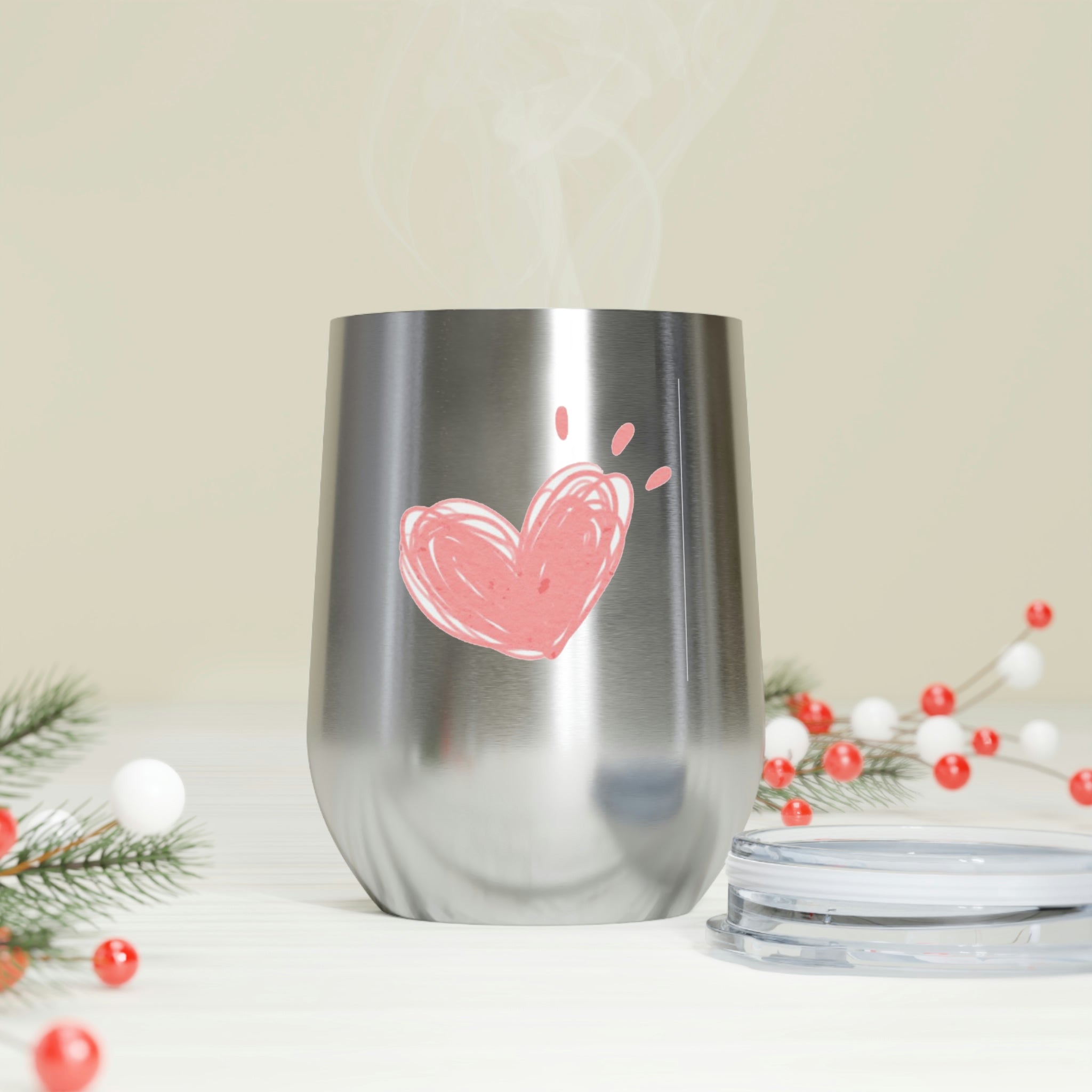 Hearts Wine Tumbler in stainless steel with a clear lid, showcasing a stylish design for hot and cold beverages.