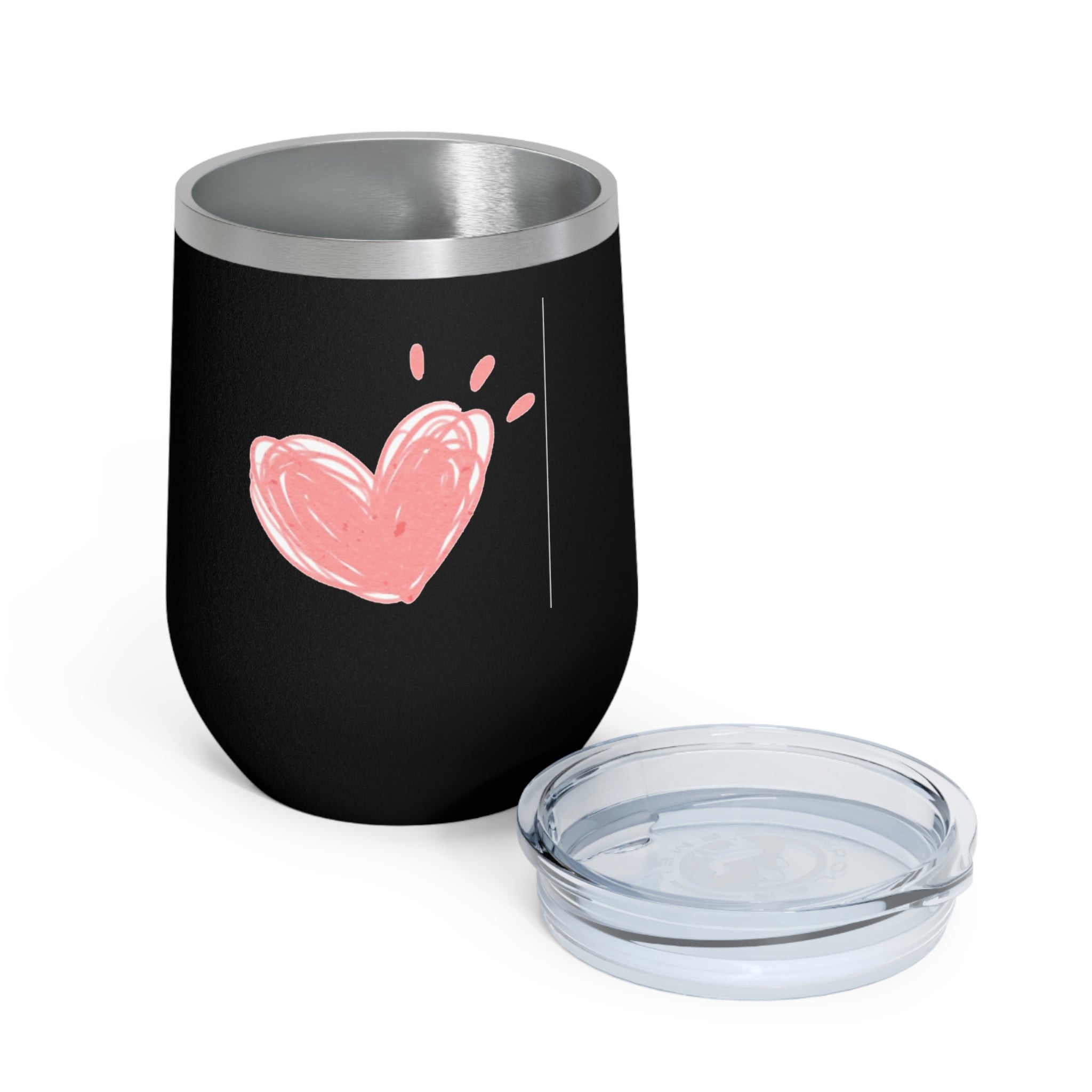 Hearts Wine Tumbler in stainless steel with a clear lid, showcasing a stylish design for hot and cold beverages.