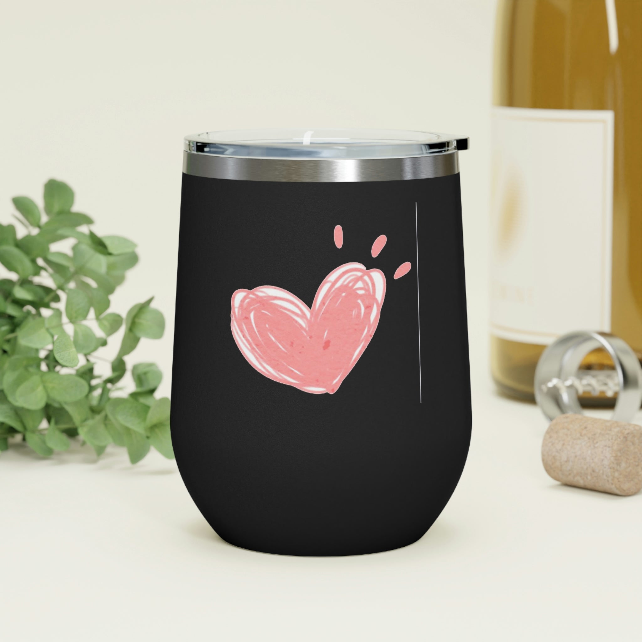 Hearts Wine Tumbler in stainless steel with a clear lid, showcasing a stylish design for hot and cold beverages.