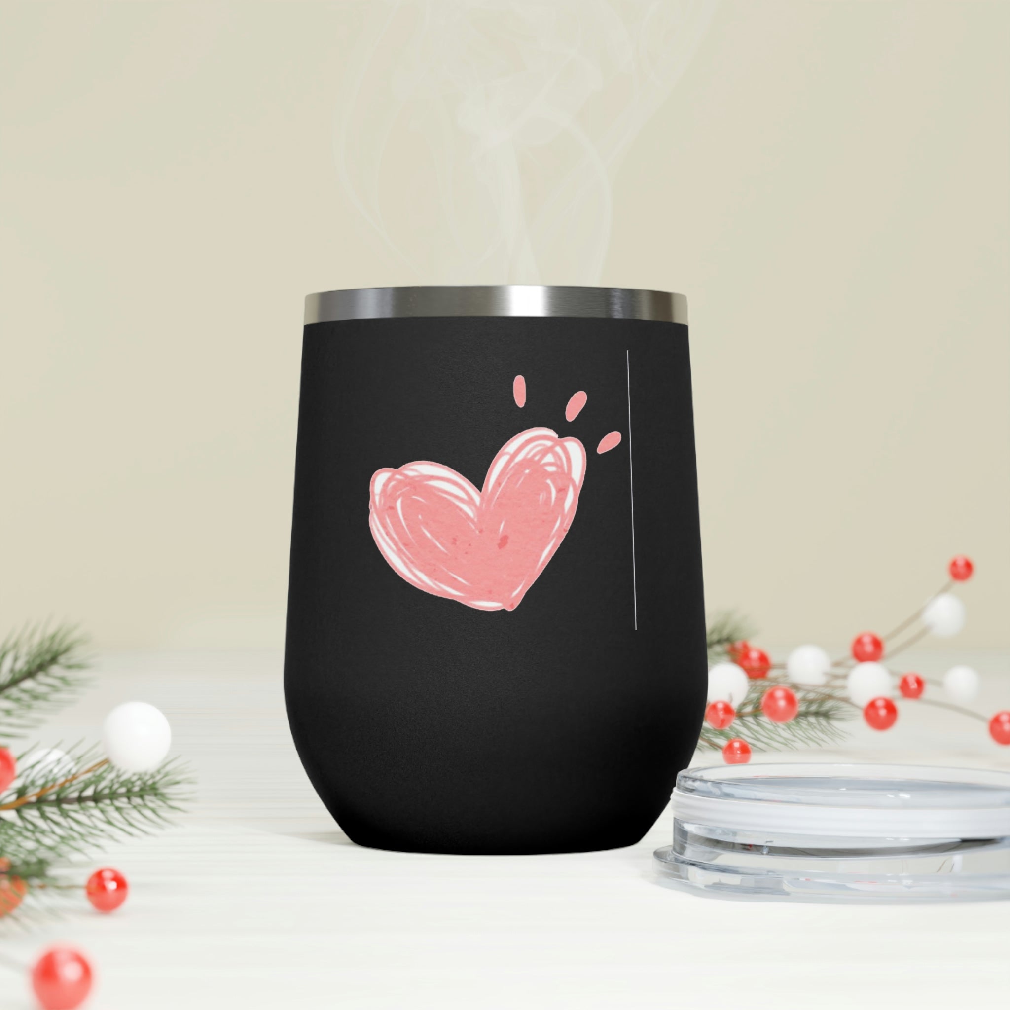 Hearts Wine Tumbler in stainless steel with a clear lid, showcasing a stylish design for hot and cold beverages.