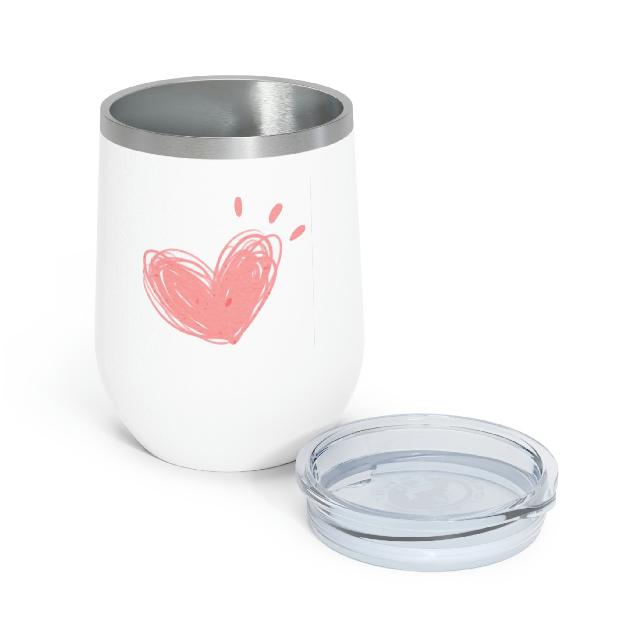 Hearts Wine Tumbler in stainless steel with a clear lid, showcasing a stylish design for hot and cold beverages.