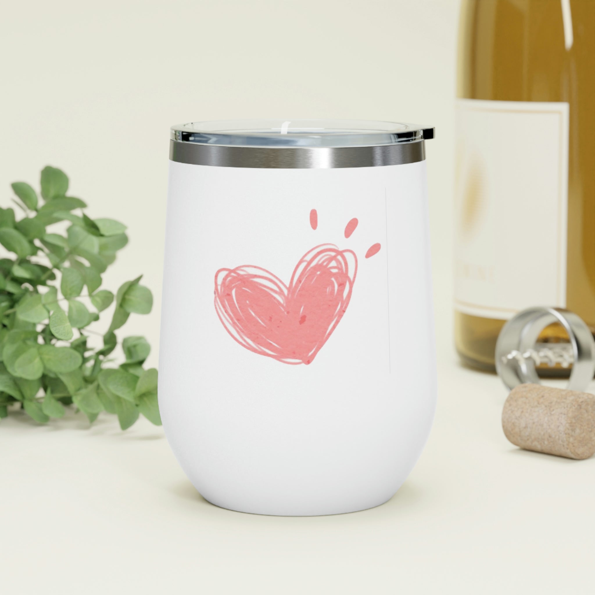 Hearts Wine Tumbler in stainless steel with a clear lid, showcasing a stylish design for hot and cold beverages.