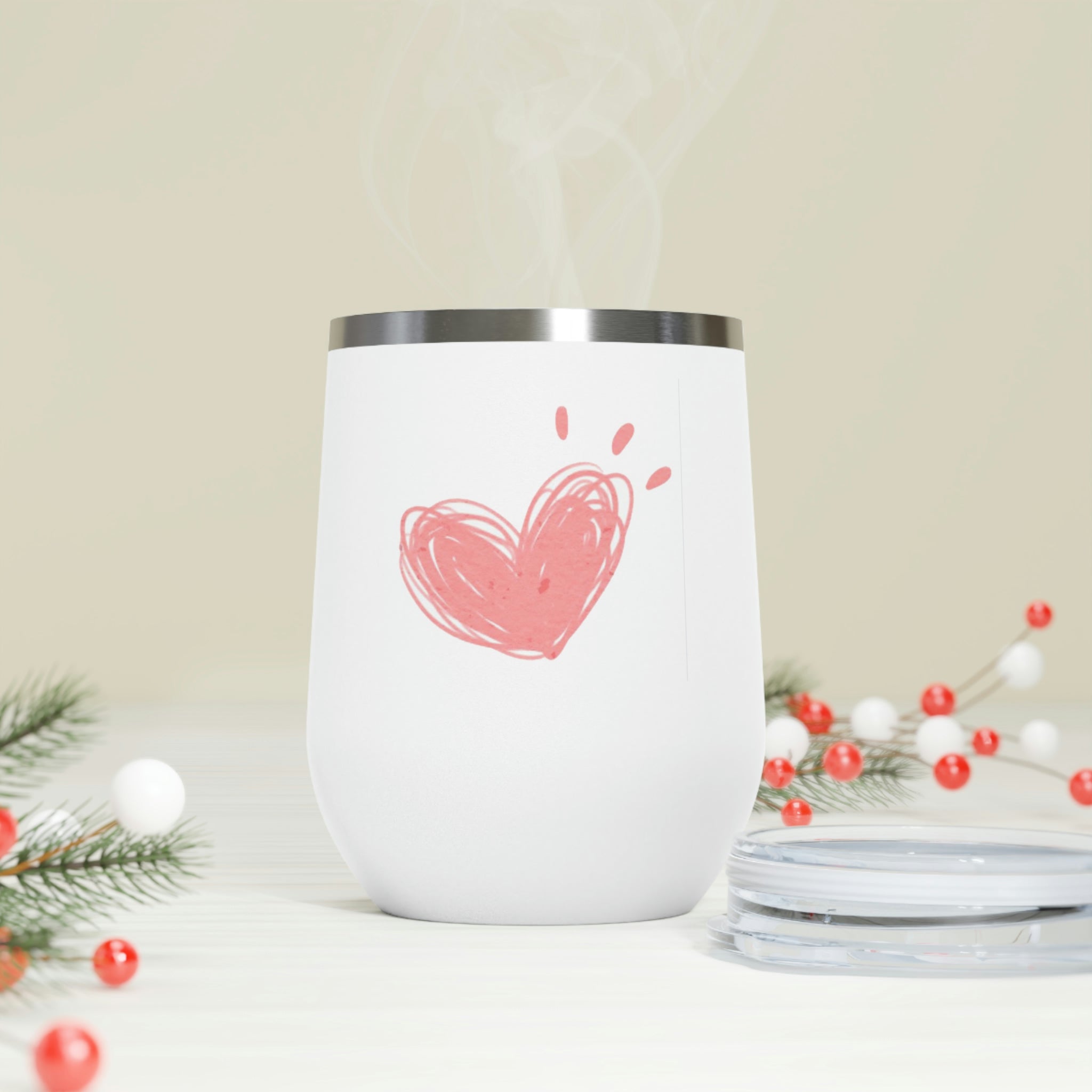 Hearts Wine Tumbler in stainless steel with a clear lid, showcasing a stylish design for hot and cold beverages.