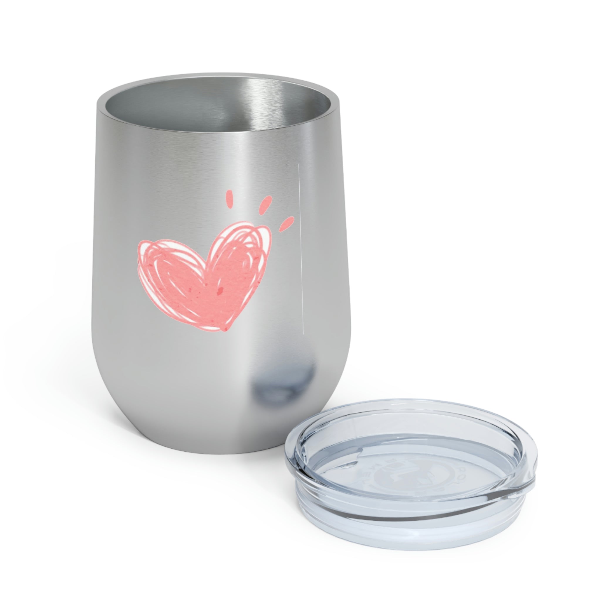 Hearts Wine Tumbler in stainless steel with a clear lid, showcasing a stylish design for hot and cold beverages.