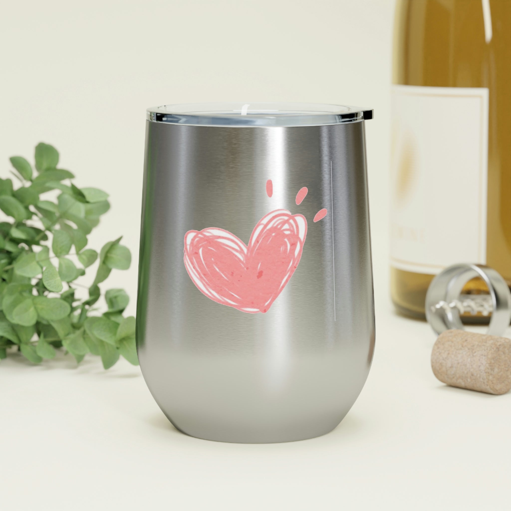 Hearts Wine Tumbler in stainless steel with a clear lid, showcasing a stylish design for hot and cold beverages.