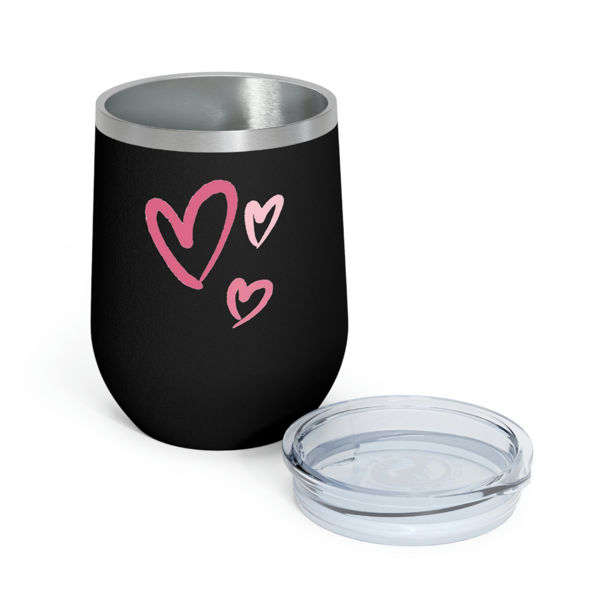 A stylish Hearts Wine Tumbler made of stainless steel with a clear plastic lid, showcasing a heart design, perfect for hot and cold beverages.