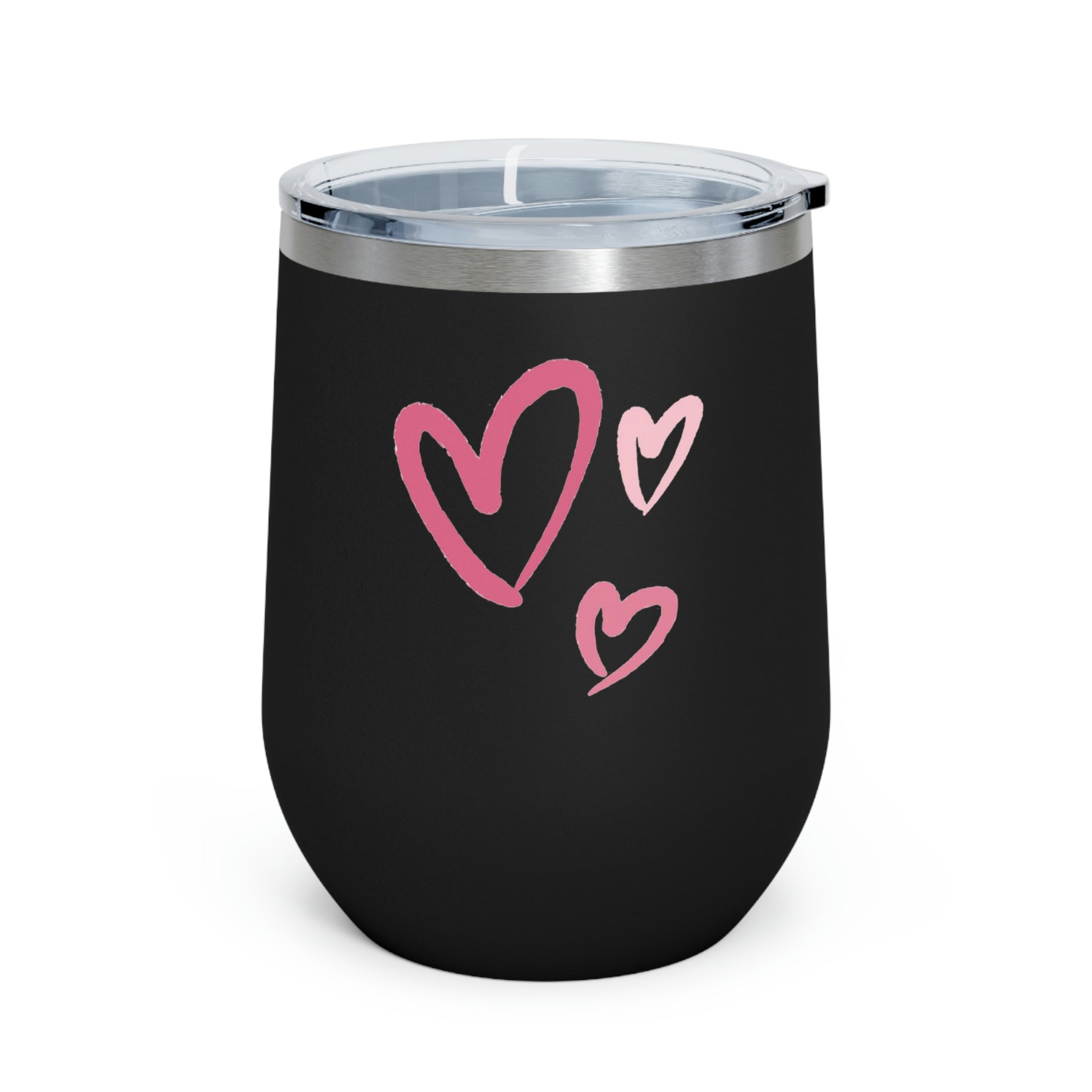 A stylish Hearts Wine Tumbler made of stainless steel with a clear plastic lid, showcasing a heart design, perfect for hot and cold beverages.