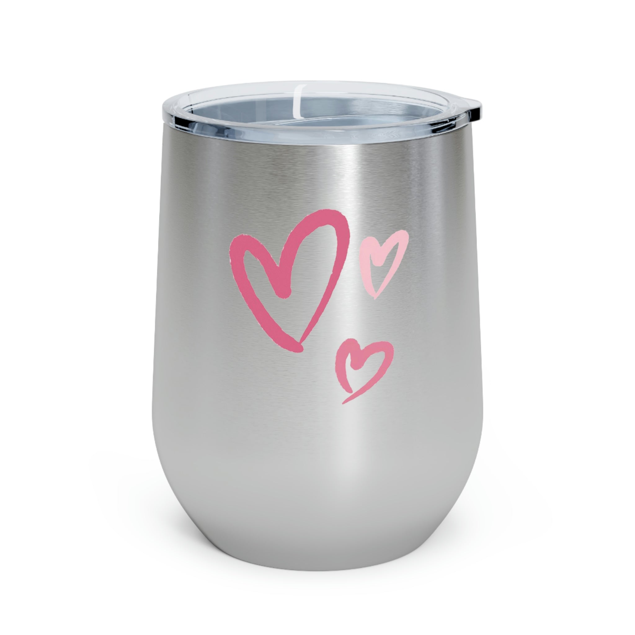 A stylish Hearts Wine Tumbler made of stainless steel with a clear plastic lid, showcasing a heart design, perfect for hot and cold beverages.