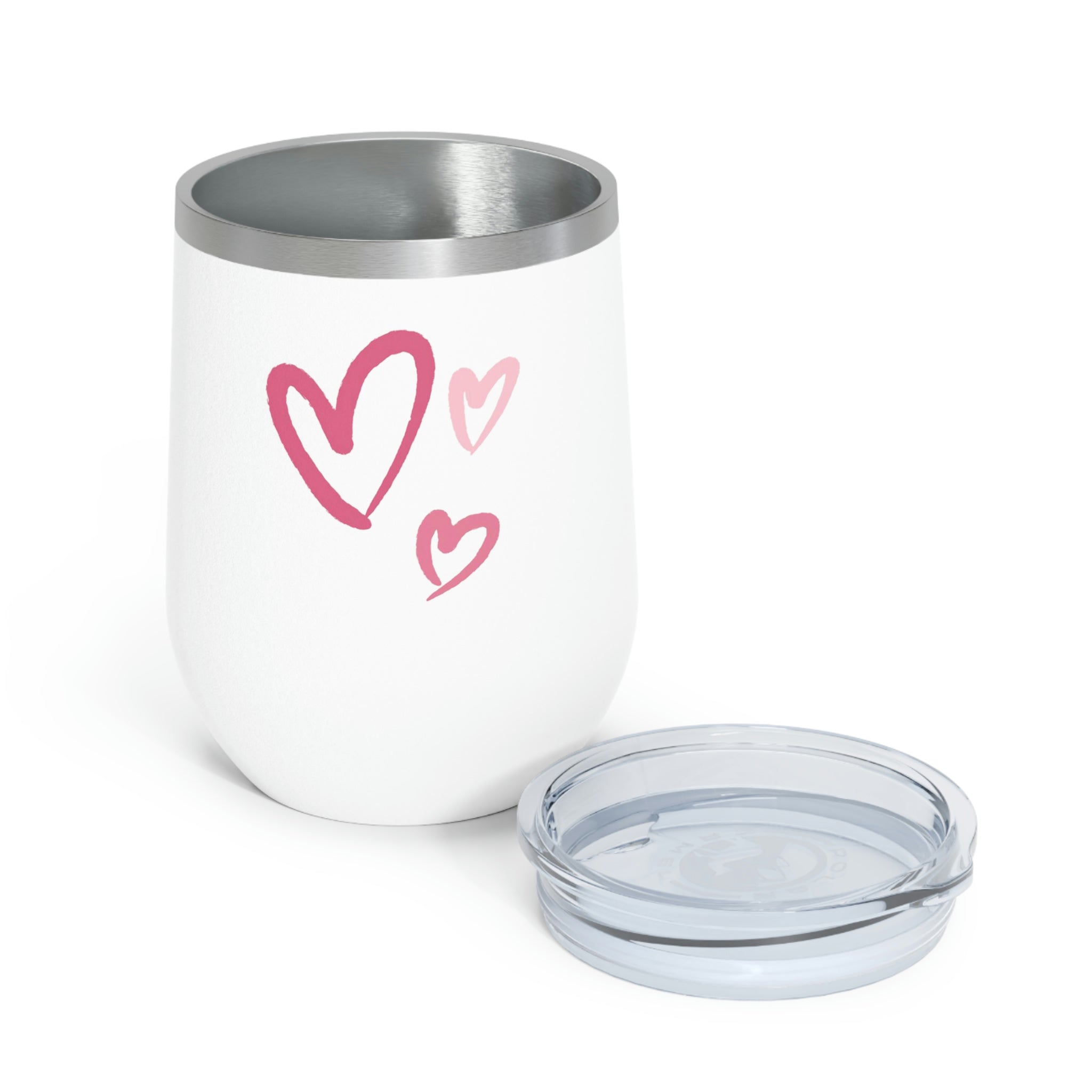 A stylish Hearts Wine Tumbler made of stainless steel with a clear plastic lid, showcasing a heart design, perfect for hot and cold beverages.