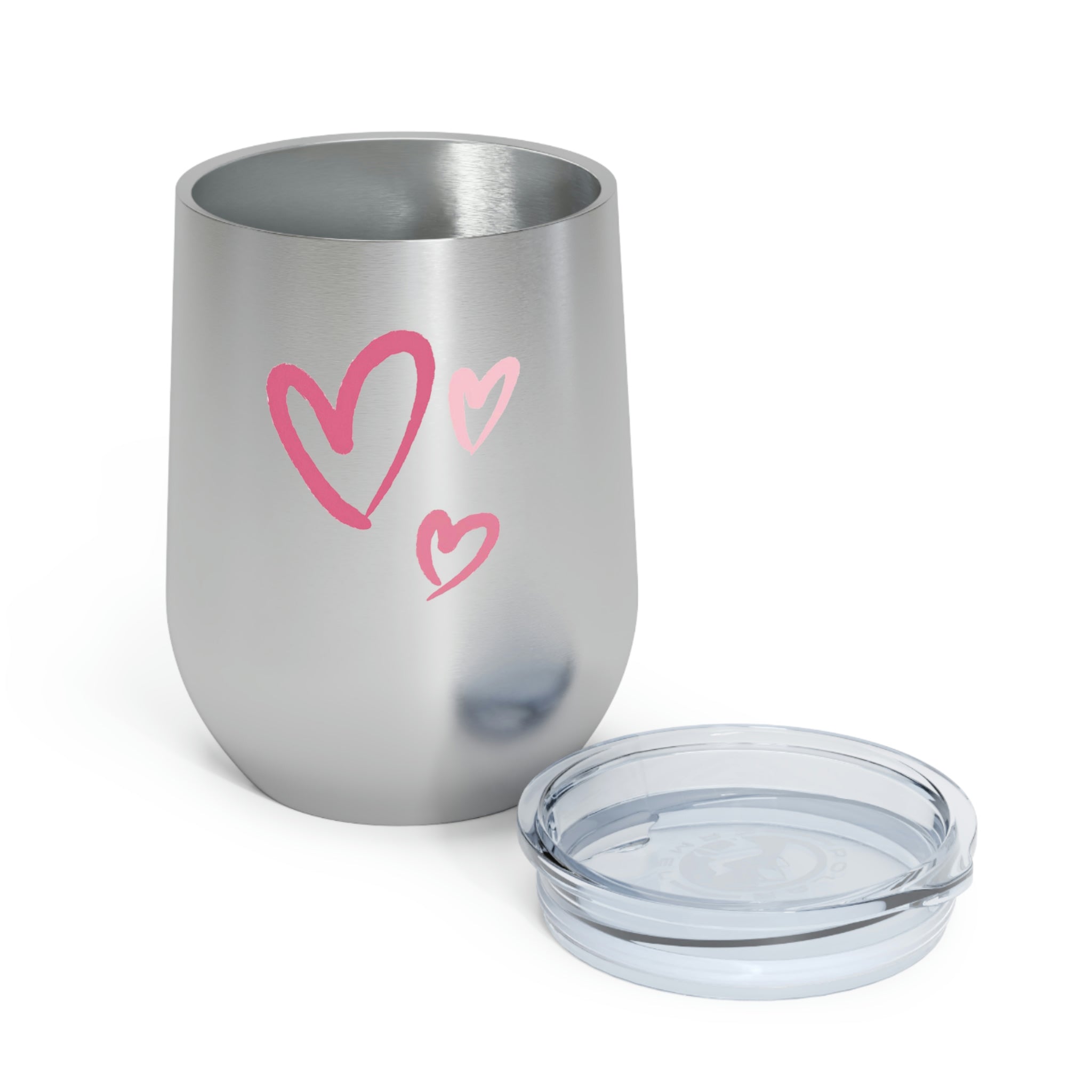 A stylish Hearts Wine Tumbler made of stainless steel with a clear plastic lid, showcasing a heart design, perfect for hot and cold beverages.